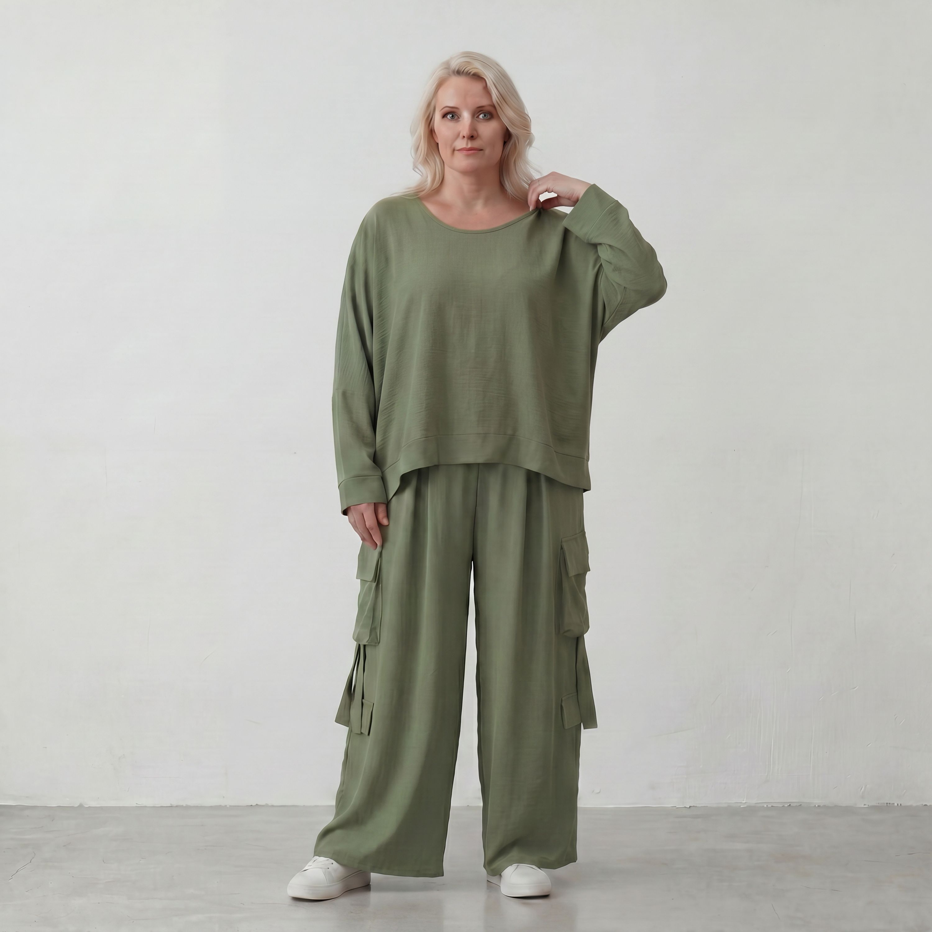 Khaki Ballonhose Lagenlook Oversize luftig ausgefallen zeitlos Fransen Leinenmix Sommer