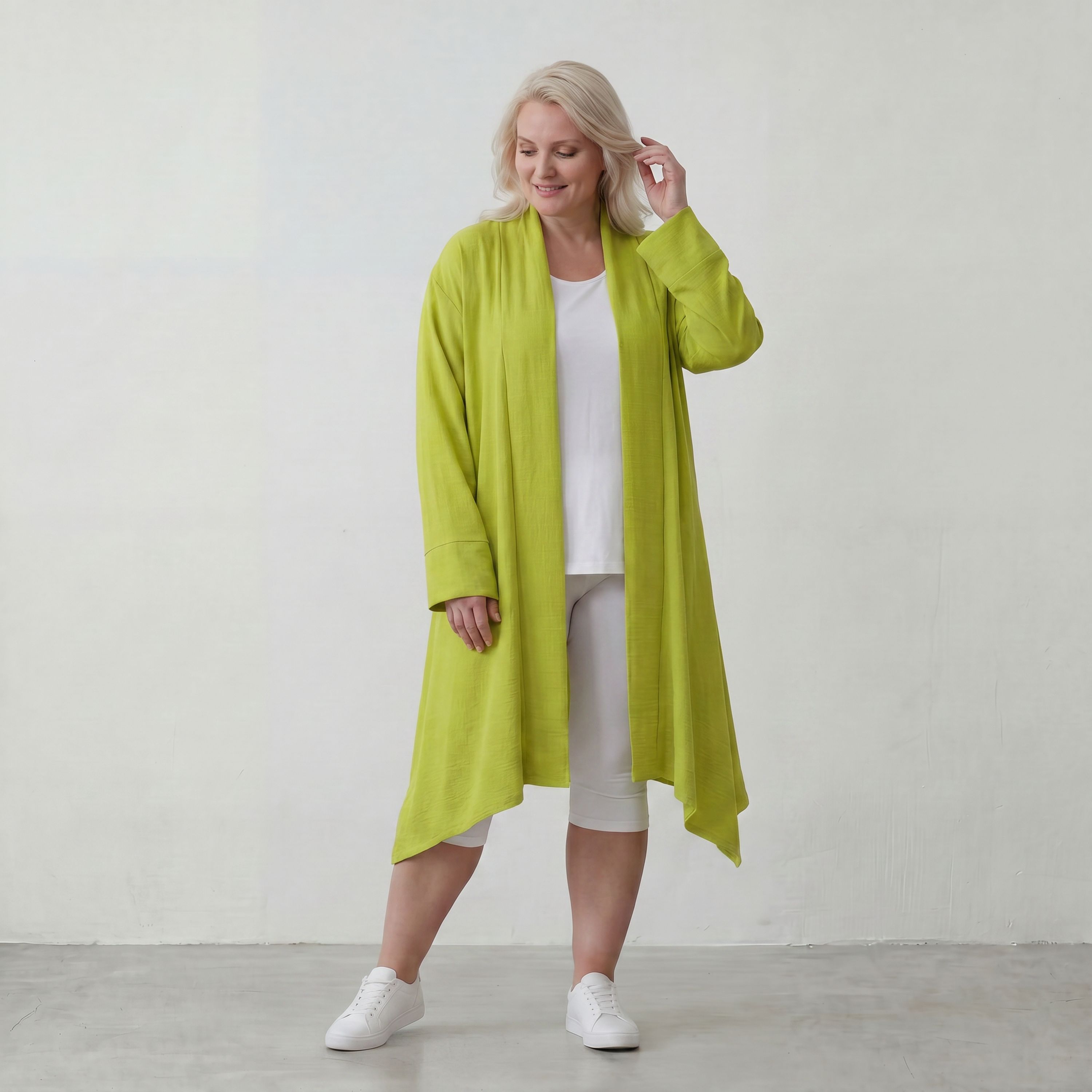Apfelgrün fliessender Longcardigan im Lagenlook Oversize leger zeitlos luftig Leinenoptik