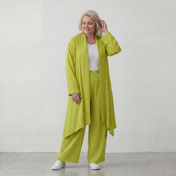 Apfelgrün fliessender Longcardigan im Lagenlook Oversize leger zeitlos luftig Leinenoptik
