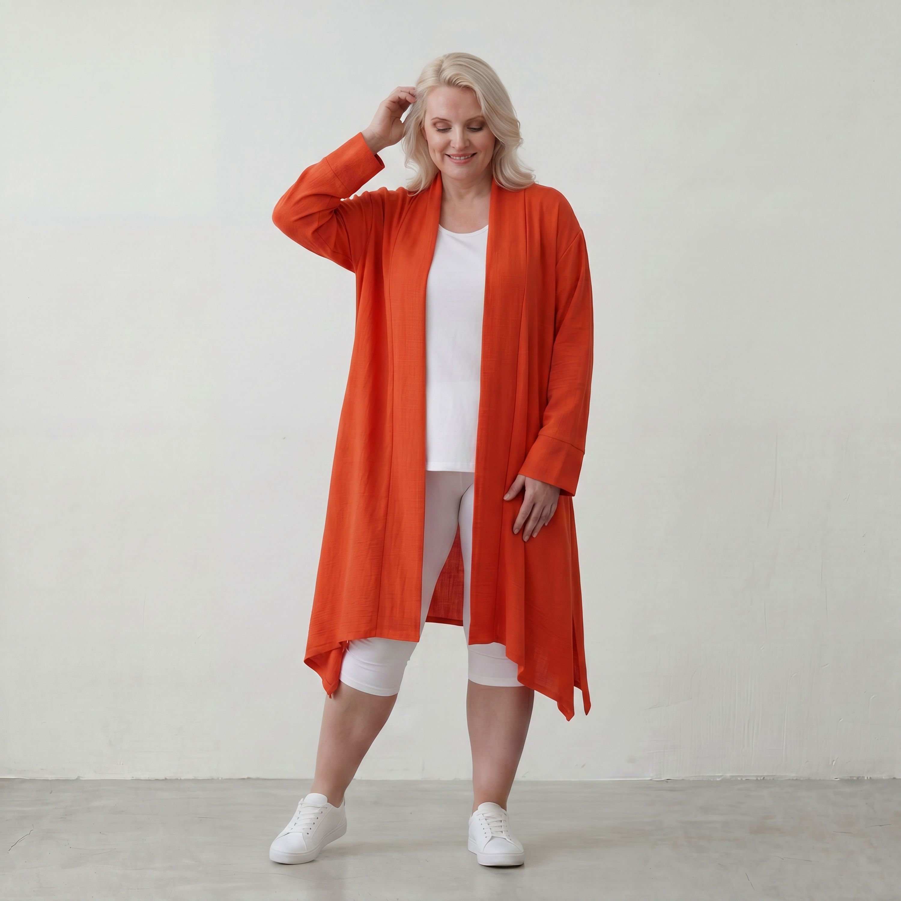 Leichter Oversize Cardigan in Hellrot fliessend mit Leinenoptik Lagenlook luftig zeitlos