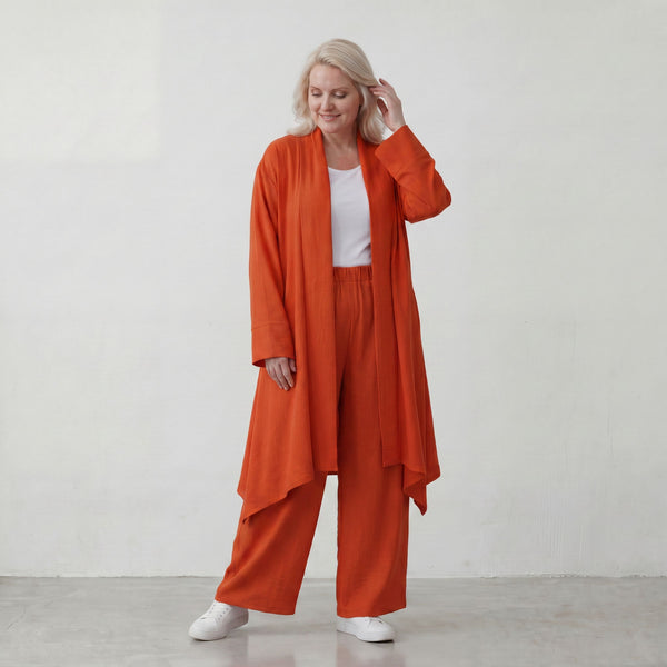Leichter Oversize Cardigan in Hellrot fliessend mit Leinenoptik Lagenlook luftig zeitlos