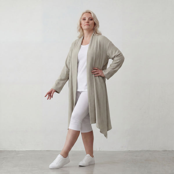 Zeitloser Beige Cardigan Lagenlook Oversize leger ausgefallen mit Leinenoptik Schalkragen