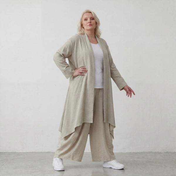 Zeitloser Beige Cardigan Lagenlook Oversize leger ausgefallen mit Leinenoptik Schalkragen
