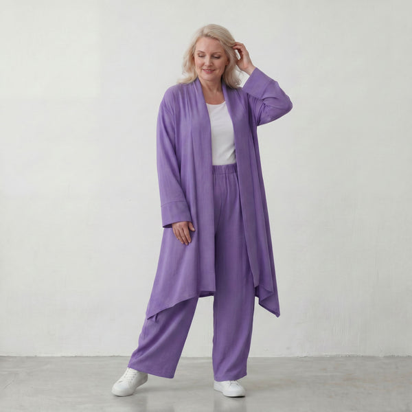 Fliessender Flieder Cardigan im Lagenlook Oversize leicht und zeitlos elegant weich zart