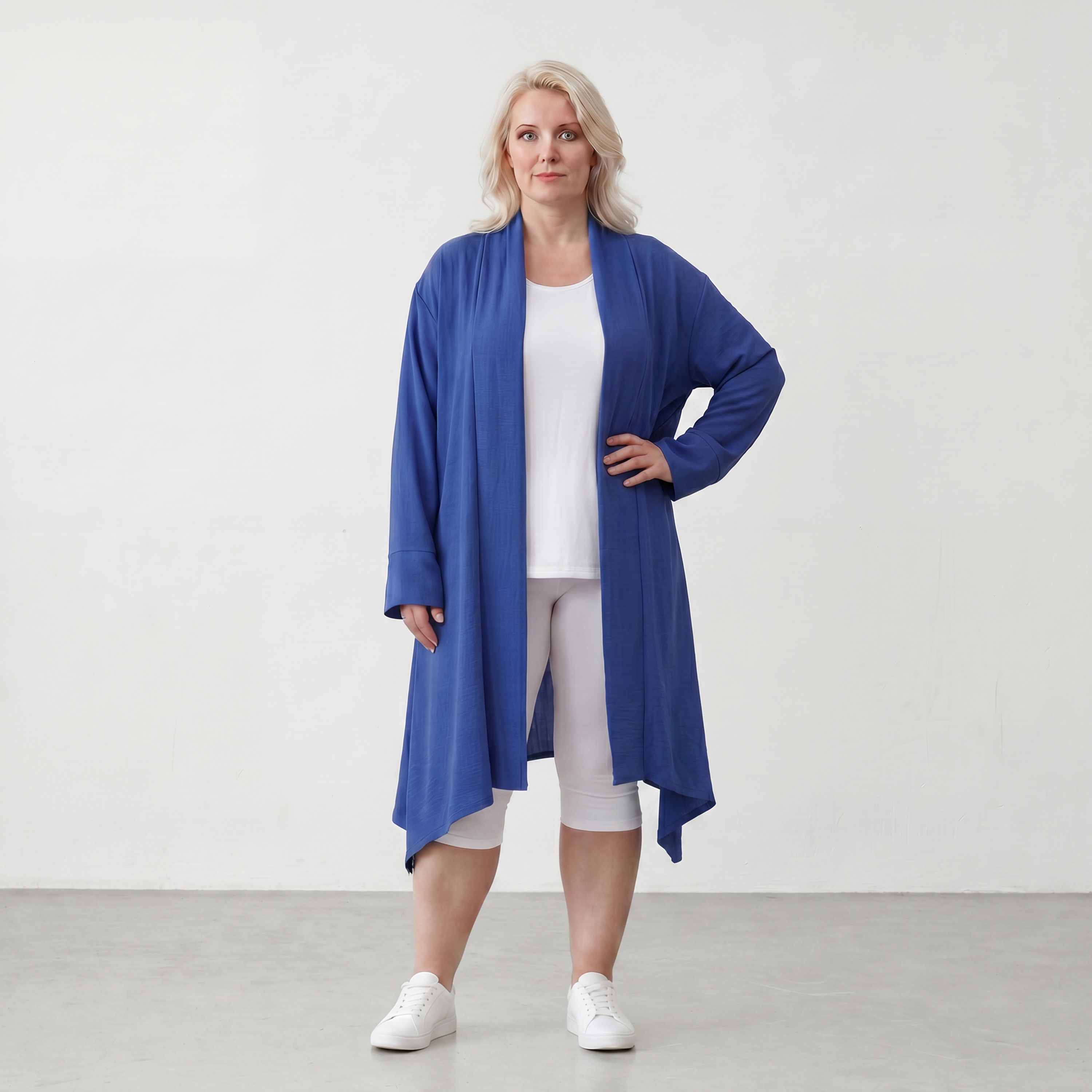 Fliessend geschnittener Cardigan Royalblau Leinenoptik Oversize Lagenlook luftig zeitlos