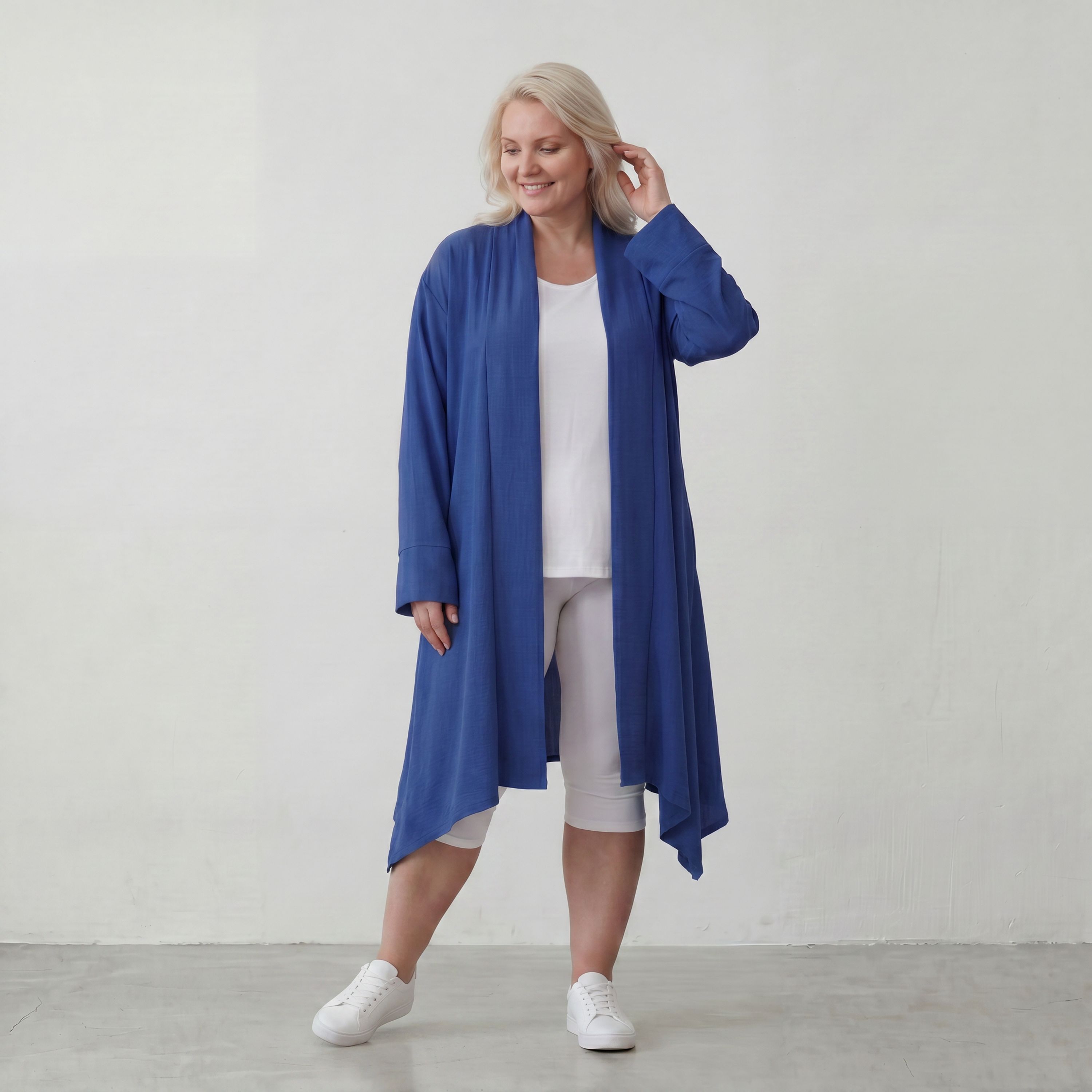 Fliessend geschnittener Cardigan Royalblau Leinenoptik Oversize Lagenlook luftig zeitlos