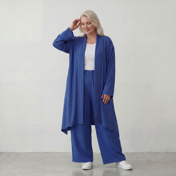 Fliessend geschnittener Cardigan Royalblau Leinenoptik Oversize Lagenlook luftig zeitlos