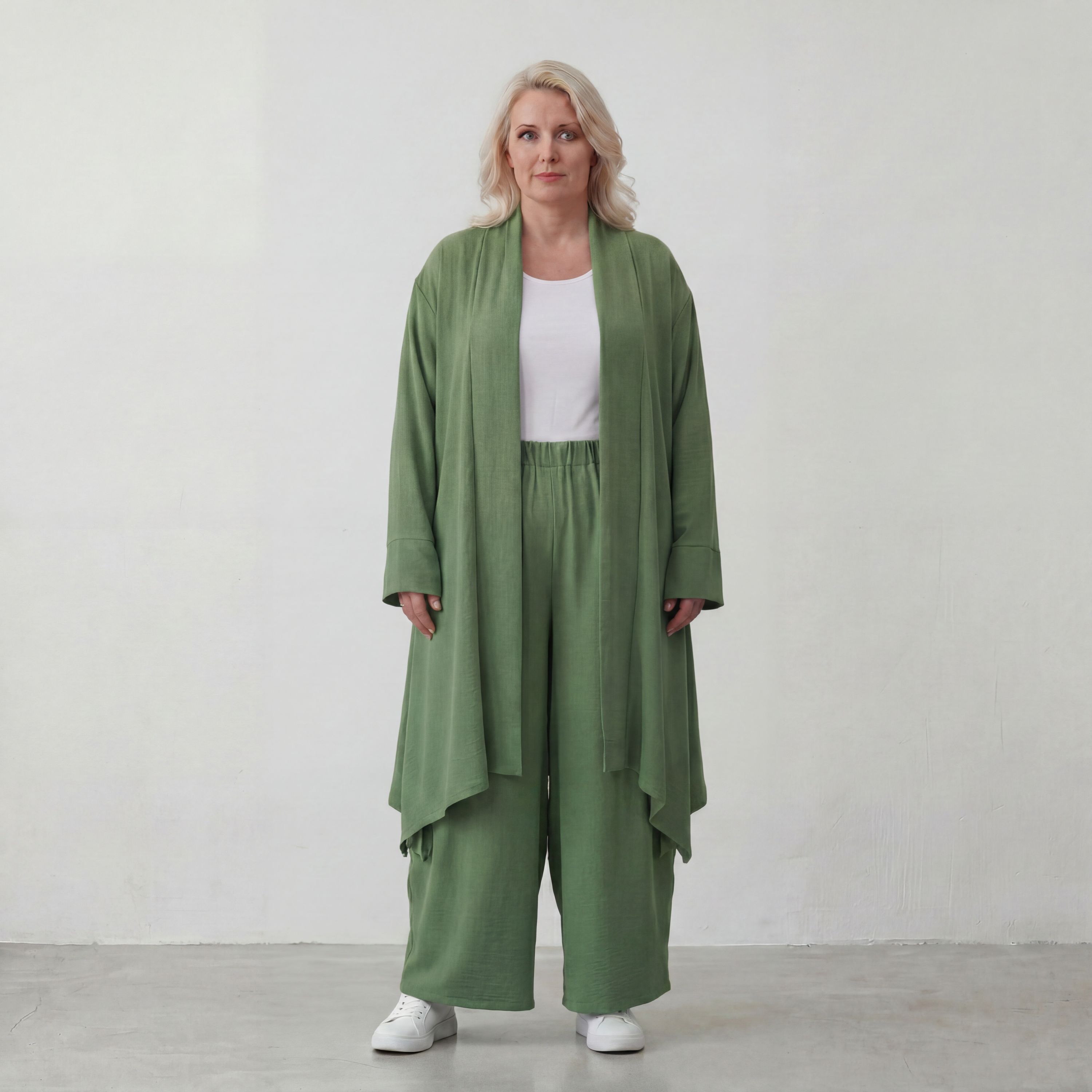 Fliessender Khaki Cardigan im Lagenlook leger Oversize mit angenehmem Leinenfeeling chic