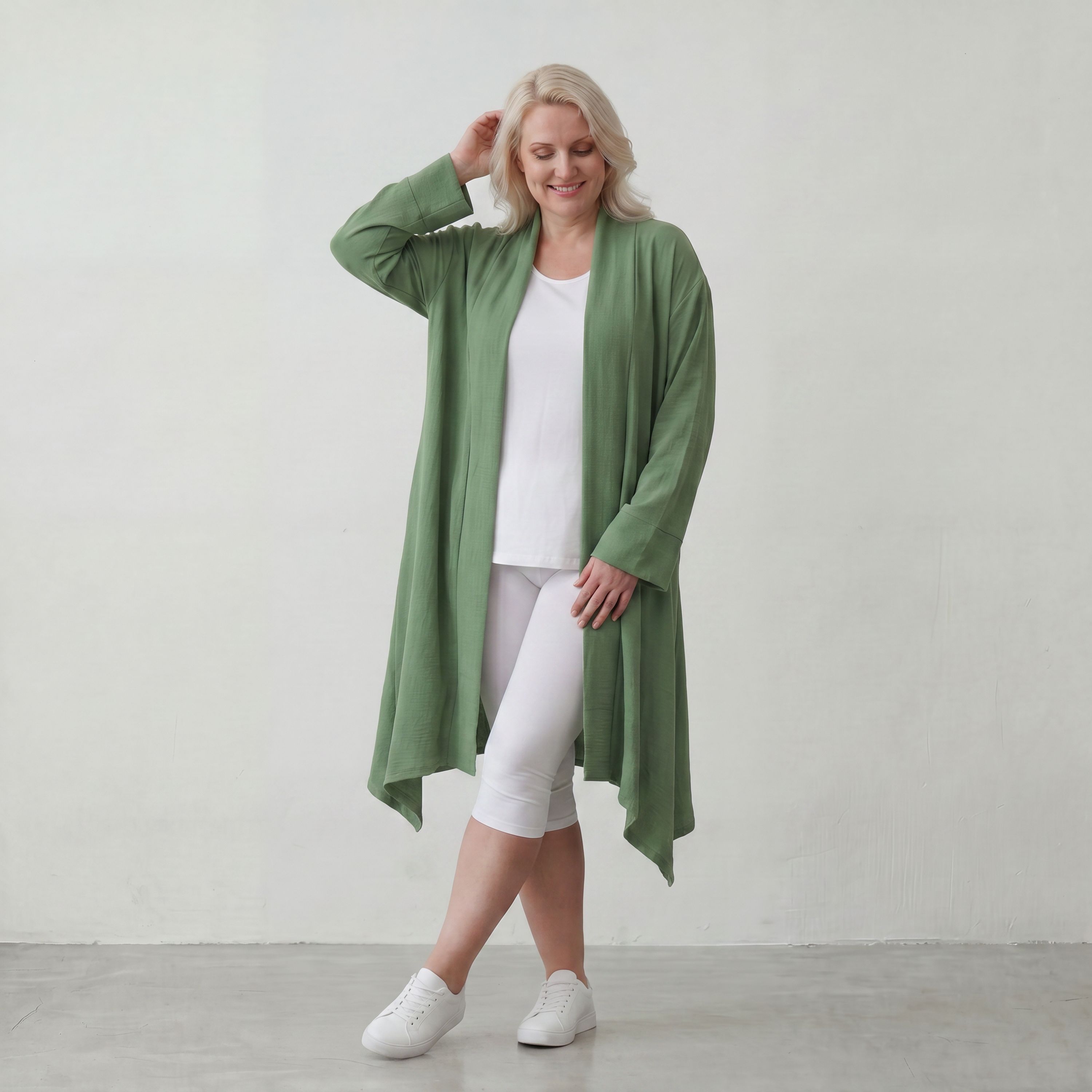 Fliessender Khaki Cardigan im Lagenlook leger Oversize mit angenehmem Leinenfeeling chic
