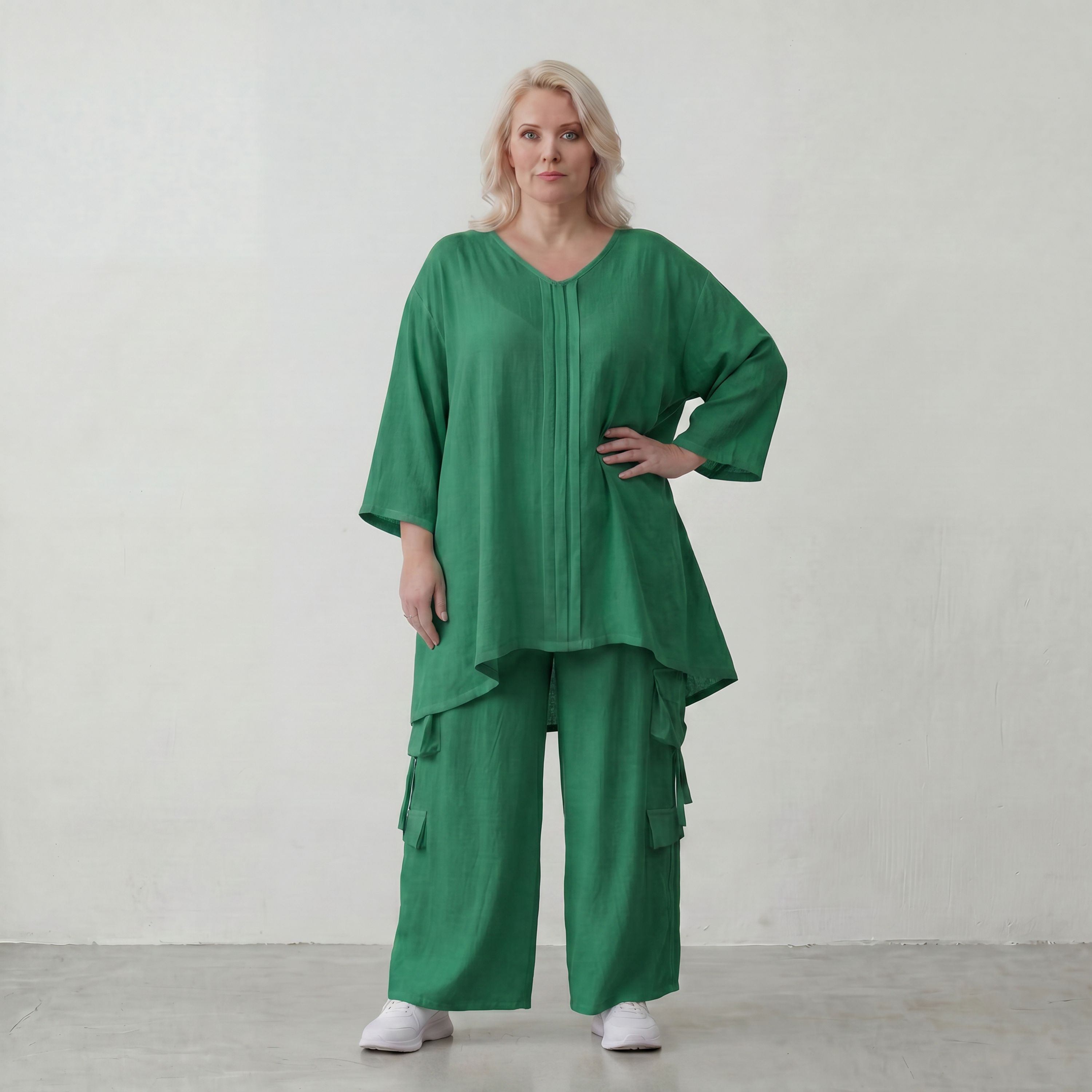 Legeres Oversize Shirt in Smaragdgrün mit Leinenlook A Linie und V Ausschnitt zeitlos 89