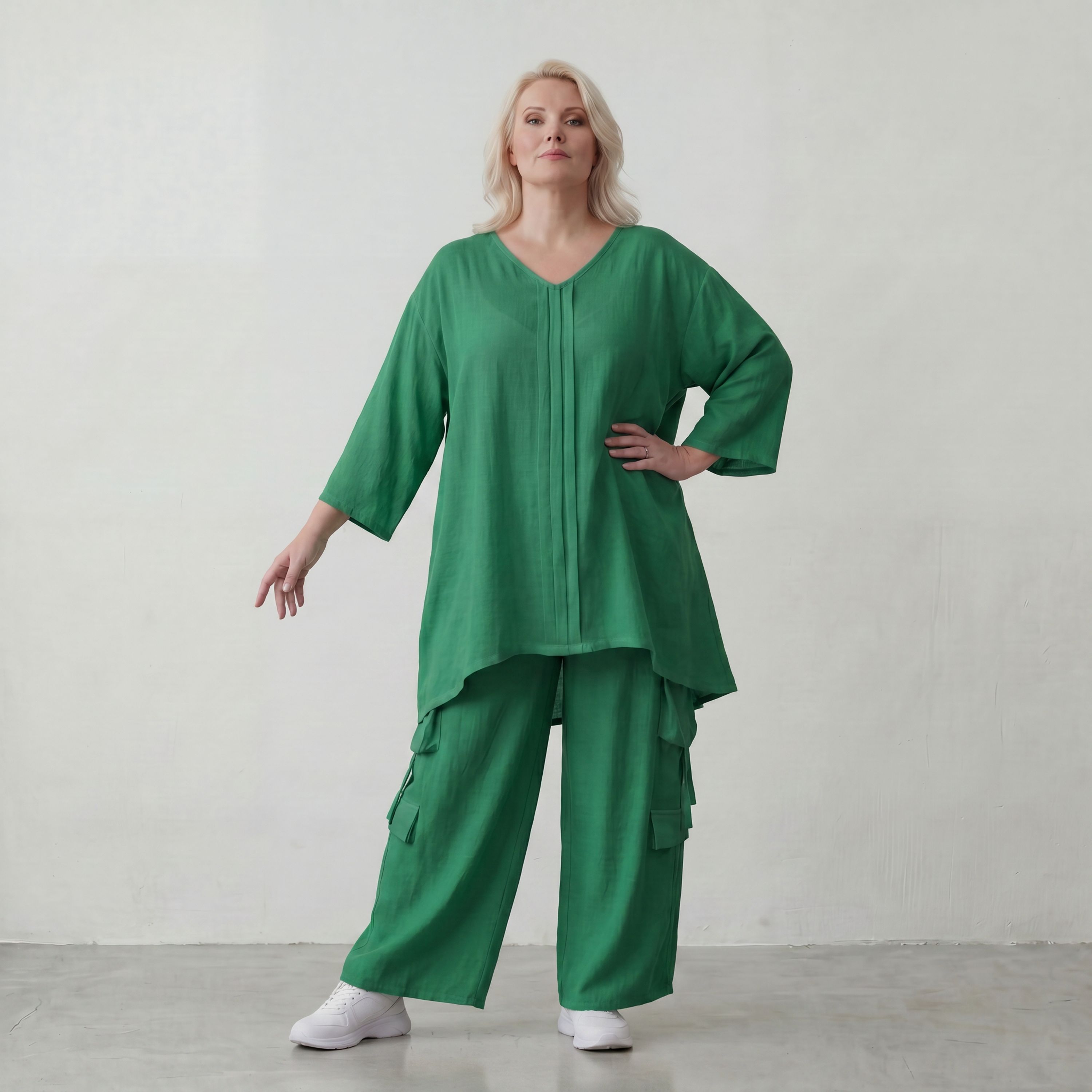 Legeres Oversize Shirt in Smaragdgrün mit Leinenlook A Linie und V Ausschnitt zeitlos 89
