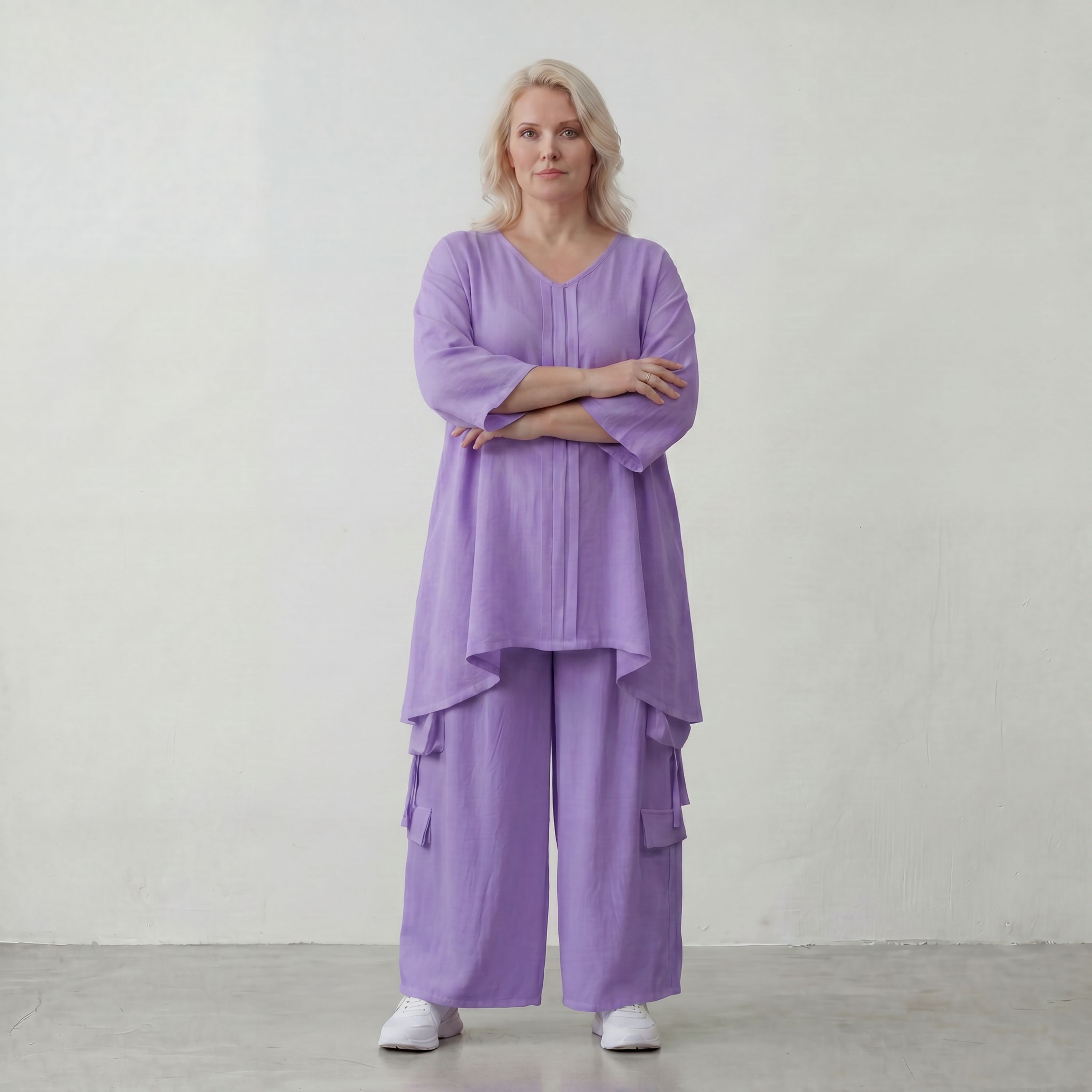 Flieder Leinenlook Shirt im Lagenlook Oversize leger mit V Ausschnitt und Biesen zeitlos