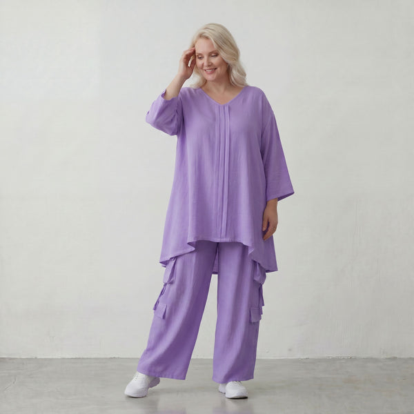 Flieder Leinenlook Shirt im Lagenlook Oversize leger mit V Ausschnitt und Biesen zeitlos