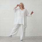 Zeitloses Weißes Leinenlook Shirt in A Linie leger Oversize Lagenlook federleicht luftig