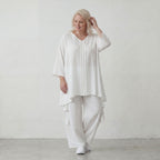 Zeitloses Weißes Leinenlook Shirt in A Linie leger Oversize Lagenlook federleicht luftig