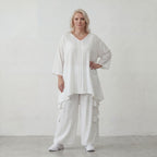 Zeitloses Weißes Leinenlook Shirt in A Linie leger Oversize Lagenlook federleicht luftig