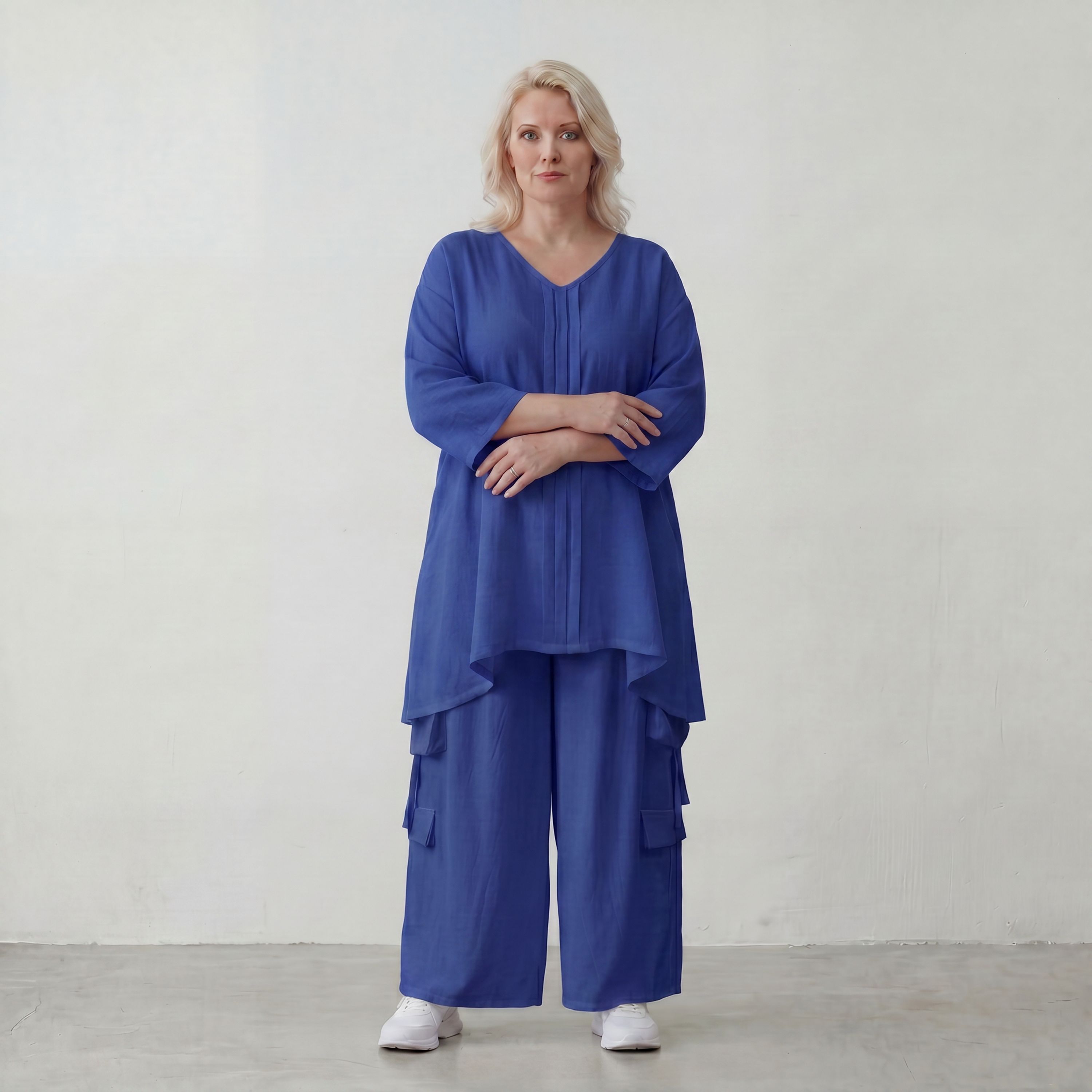 Royalblaues Leinenlookshirt sommerlichen Lagenlook Oversize mit V Ausschnitt und A Linie