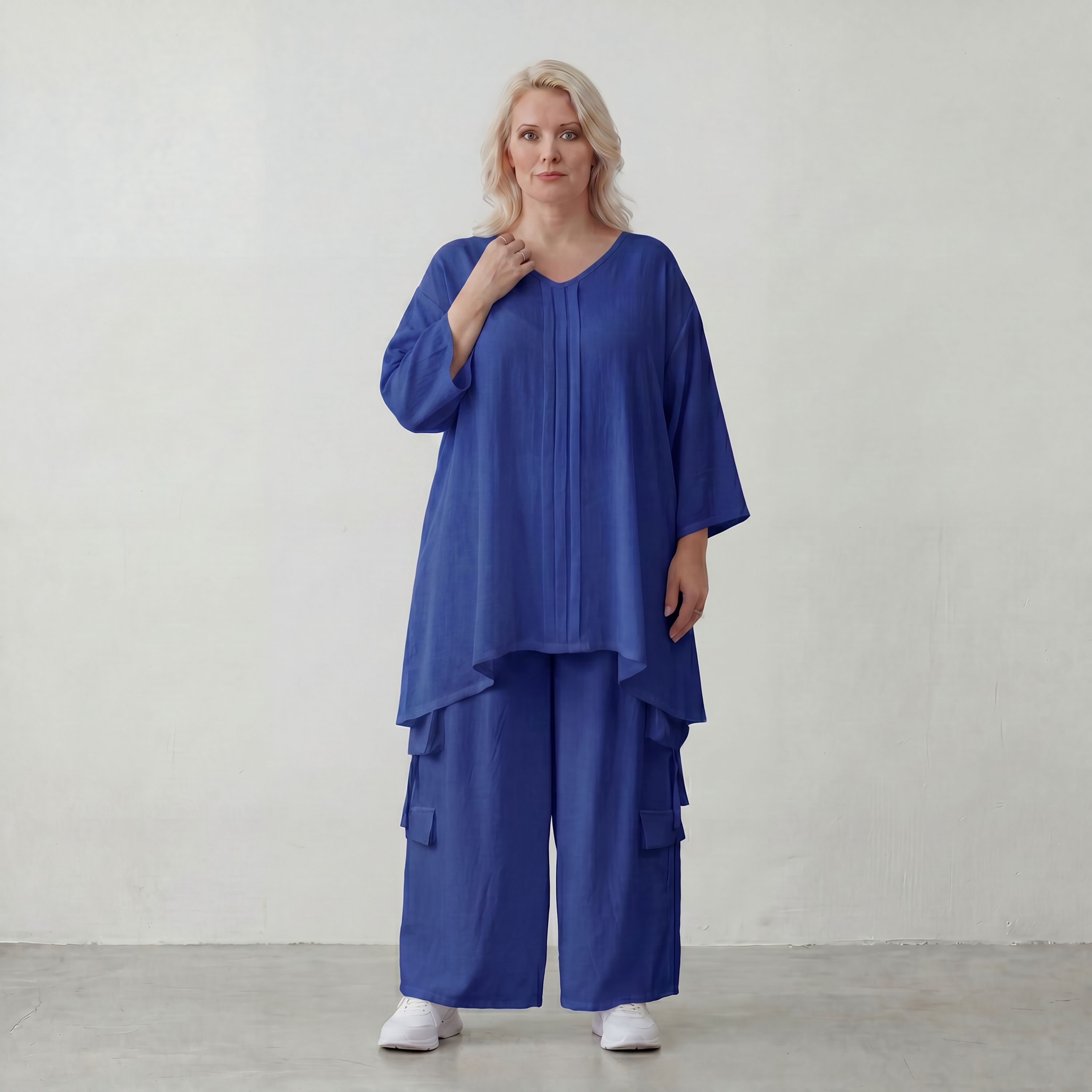Royalblaues Leinenlookshirt sommerlichen Lagenlook Oversize mit V Ausschnitt und A Linie