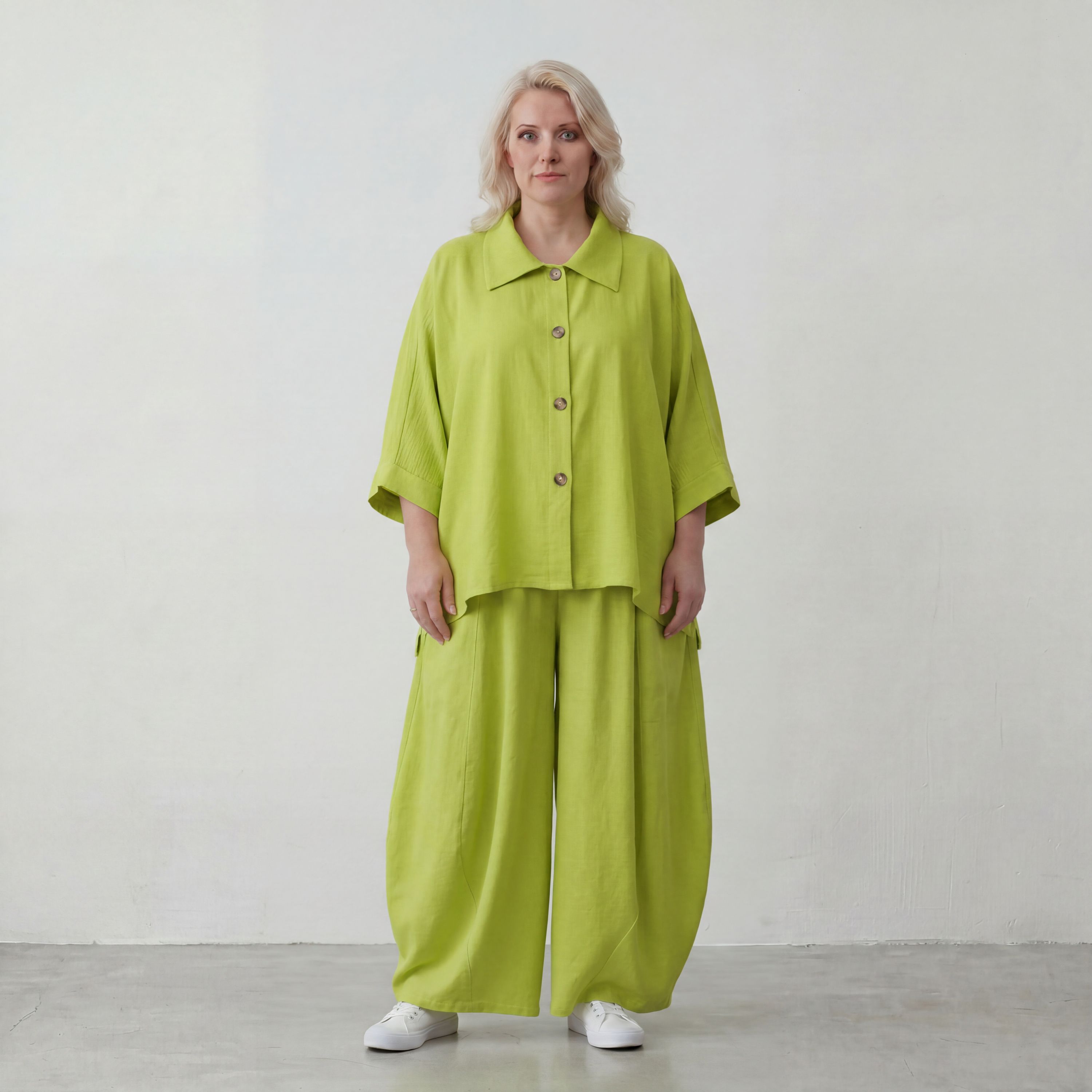 Ballonhose Apfelgrün fliessend neu Lagenlook Oversized lässig zeitlos bequem weites Bein