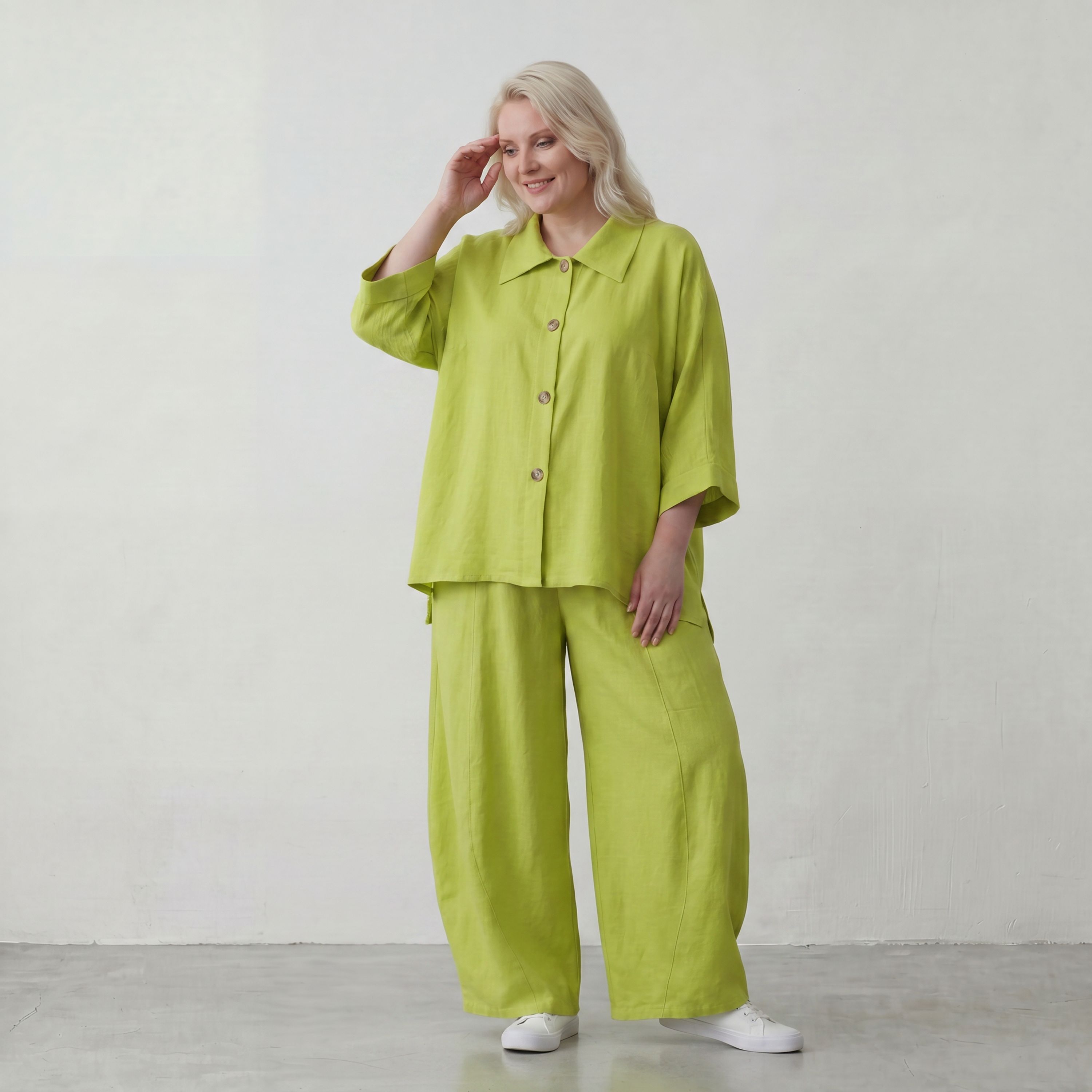 Ballonhose Apfelgrün fliessend neu Lagenlook Oversized lässig zeitlos bequem weites Bein