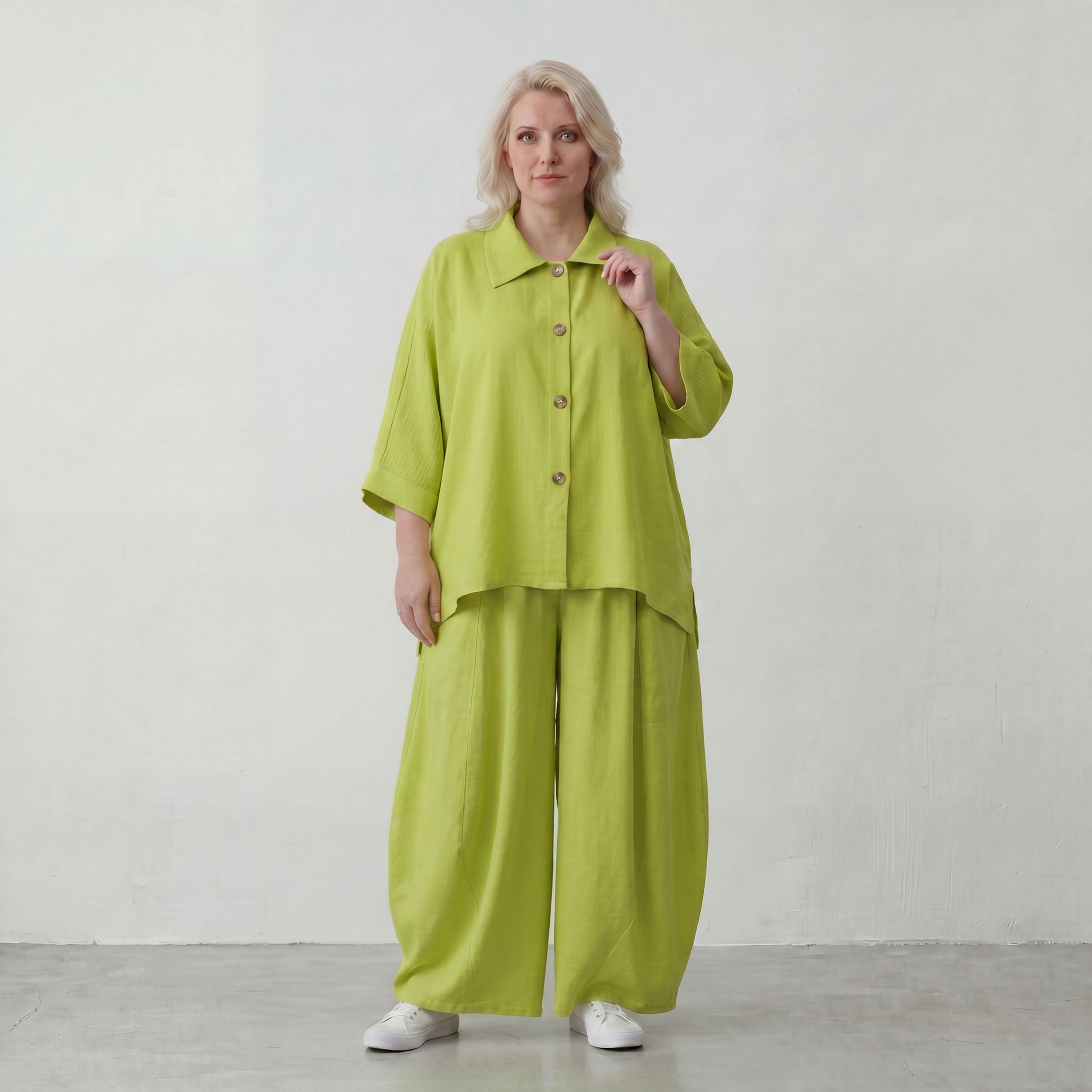 Apfelgrün Oversize Bluse im Lagenlook leger ausgefallen mit Leinen Baumwolle Gefühl cool