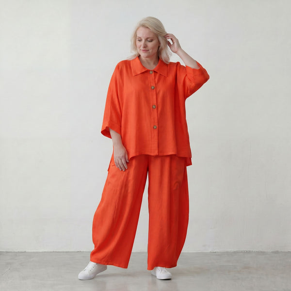 Leichte Hellrot fliessend Leinenoptik Bluse im Lagenlook Oversize leger modern sehr edel
