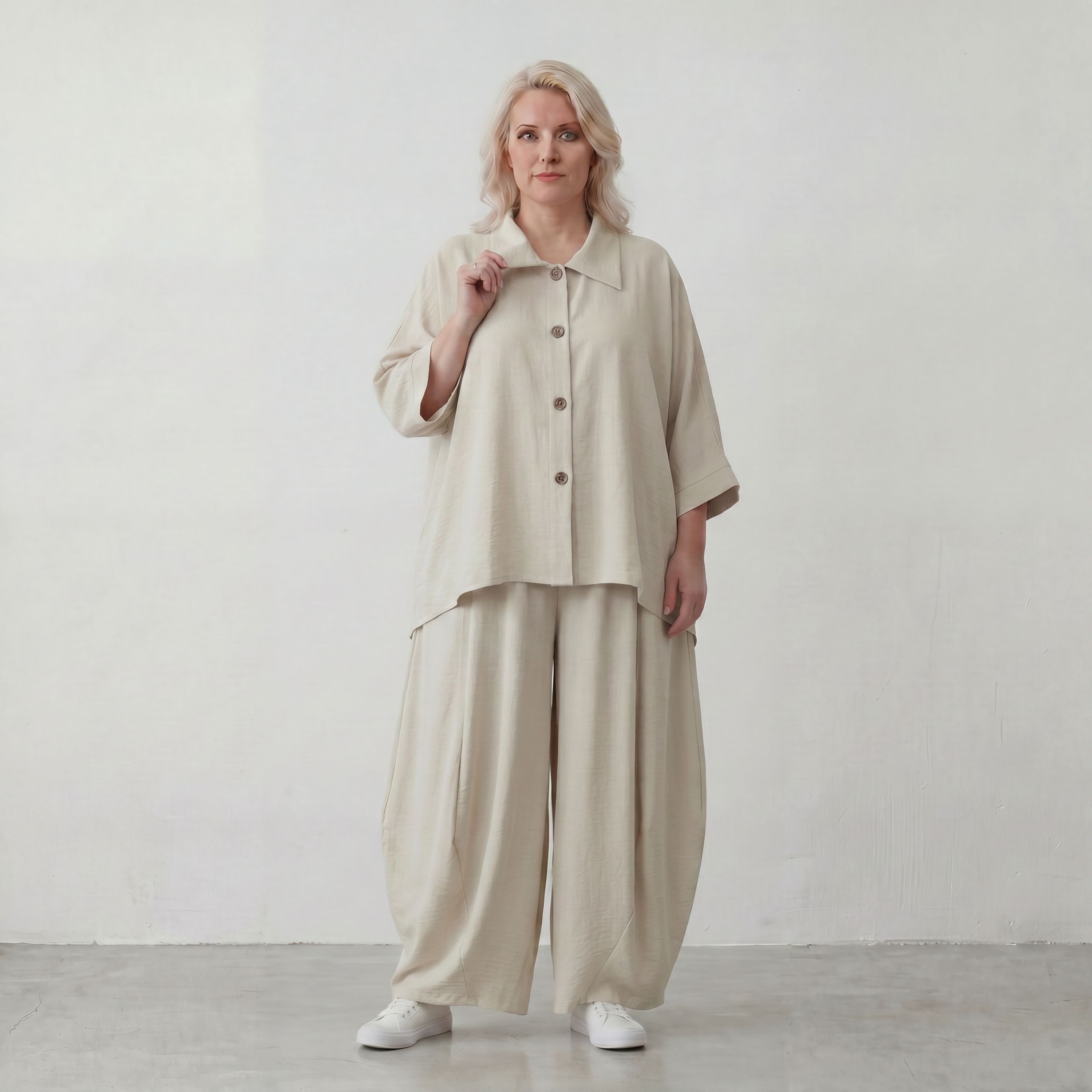 Beige Leinenlook Ballonhose Oversize leger ausgefallen zeitlos mit Crashstruktur weich