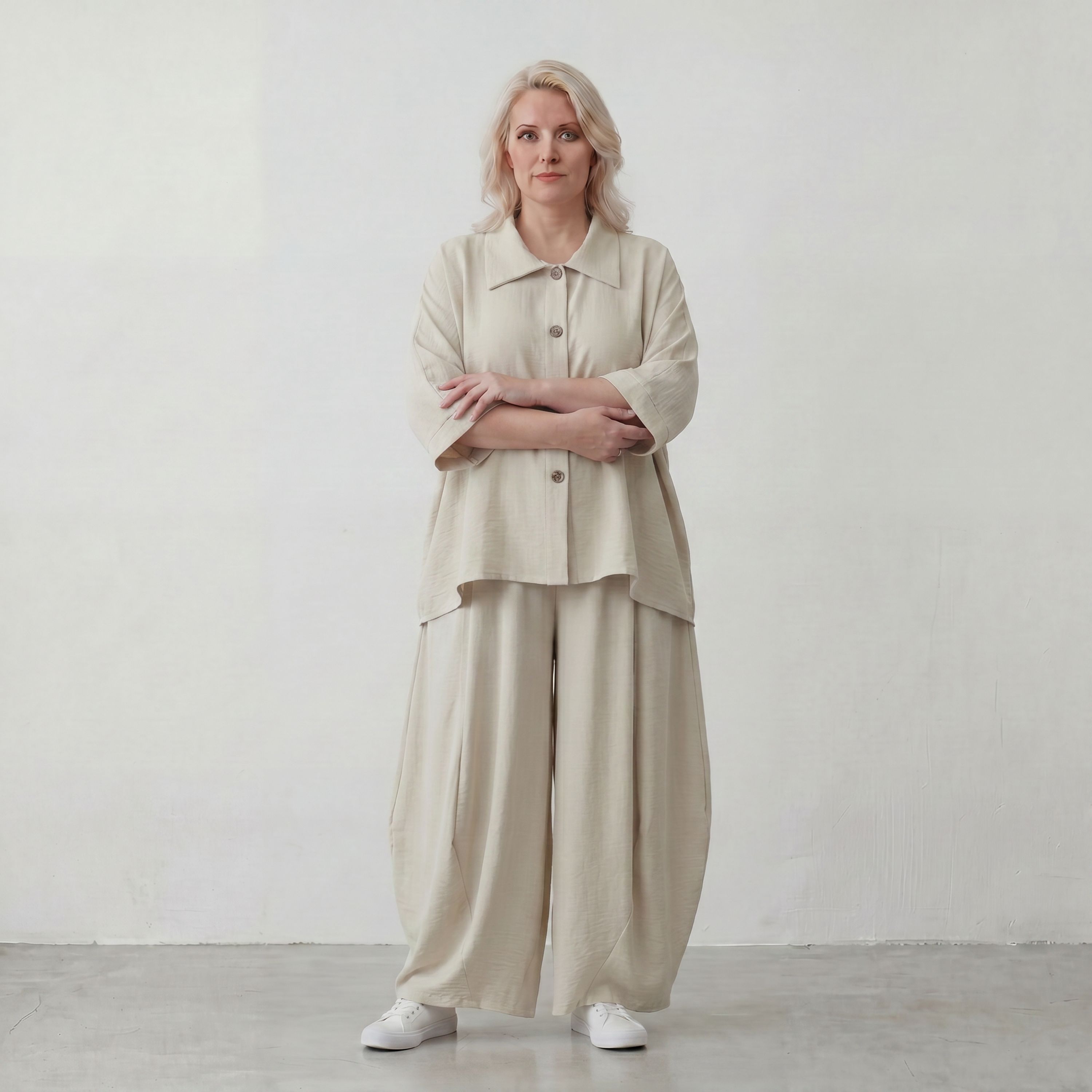 Beige Leinenlook Ballonhose Oversize leger ausgefallen zeitlos mit Crashstruktur weich
