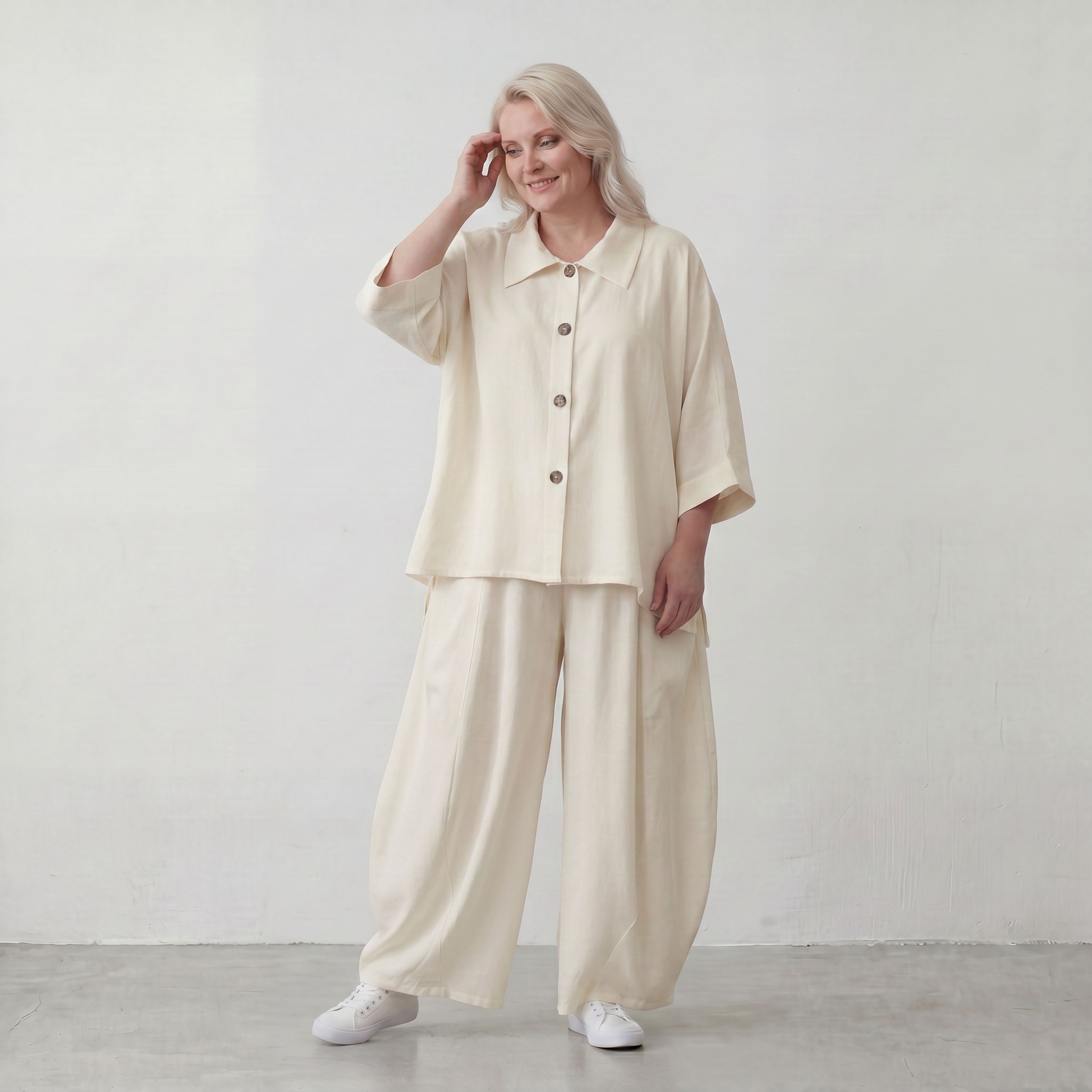 Creme Ballonhose im Lagenlook leger Oversize mit Leinengefühl zeitlos ausgefallen soft
