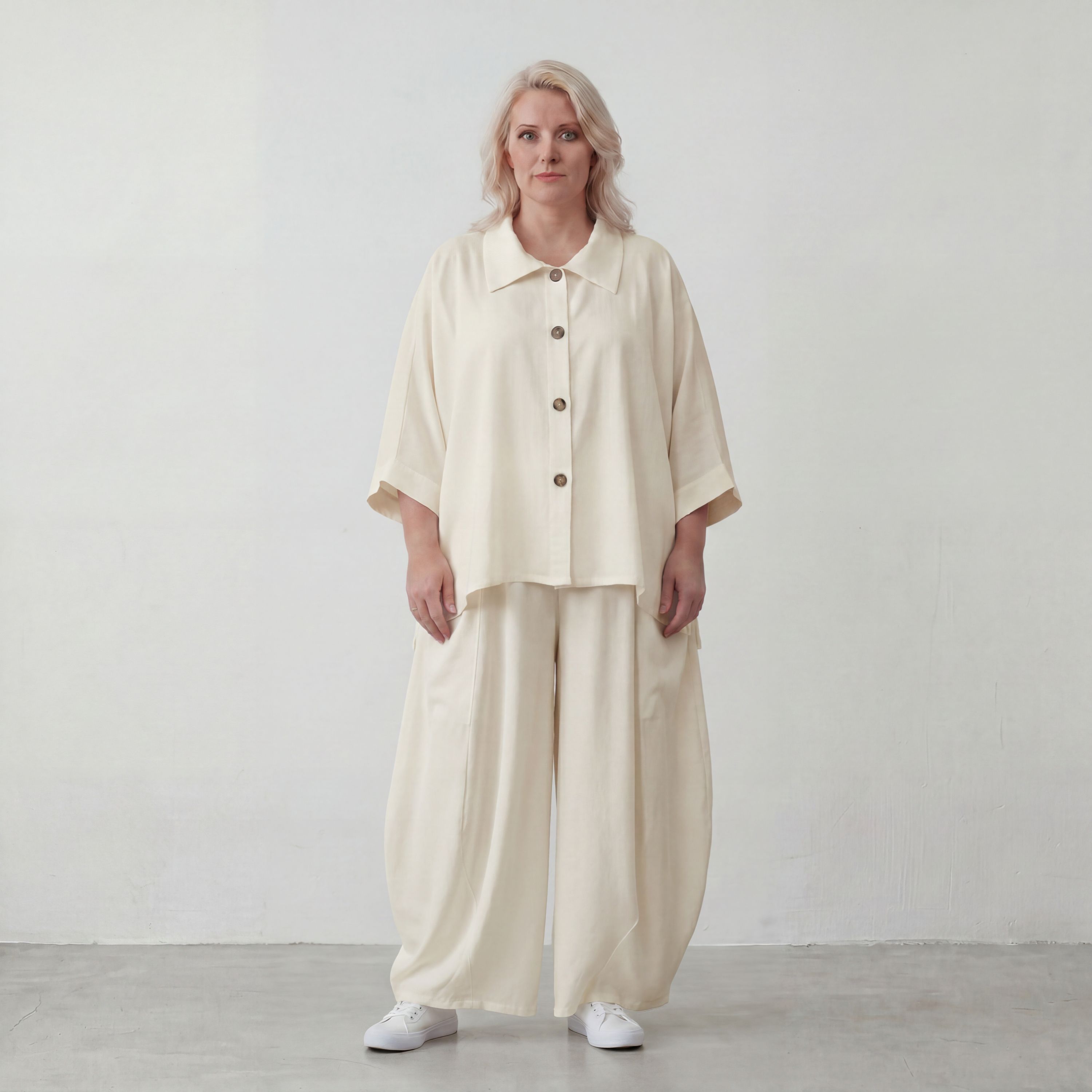 Creme fliessend Leinenoptik Bluse im Lagenlook leger Oversize zeitlos Crasheffekt weich