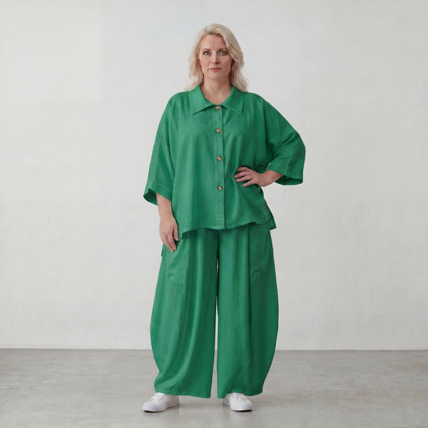 Smaragdgrün Ballonhose leger Oversize Lagenlook mit weitem Bein und leichter Leinenoptik