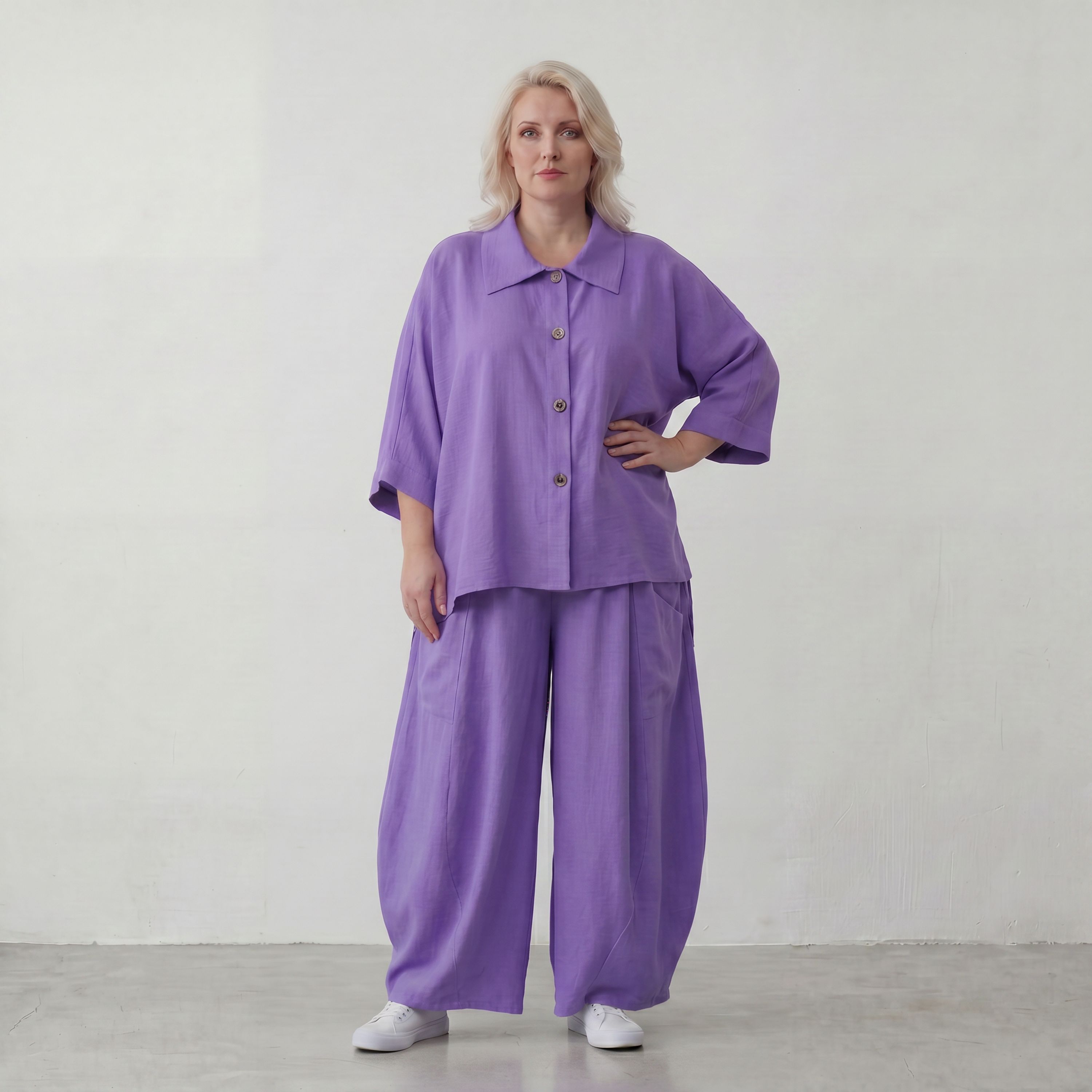 Flieder Ballonhose Leinenmix Oversize Lagenlook leger zeitlos weich fliessend sehr modern