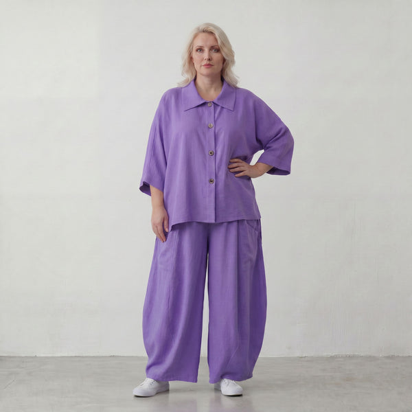 Flieder Oversize Leinenbluse Lagenlook locker zeitlos mit kuehl leichtem Fall soft Griff