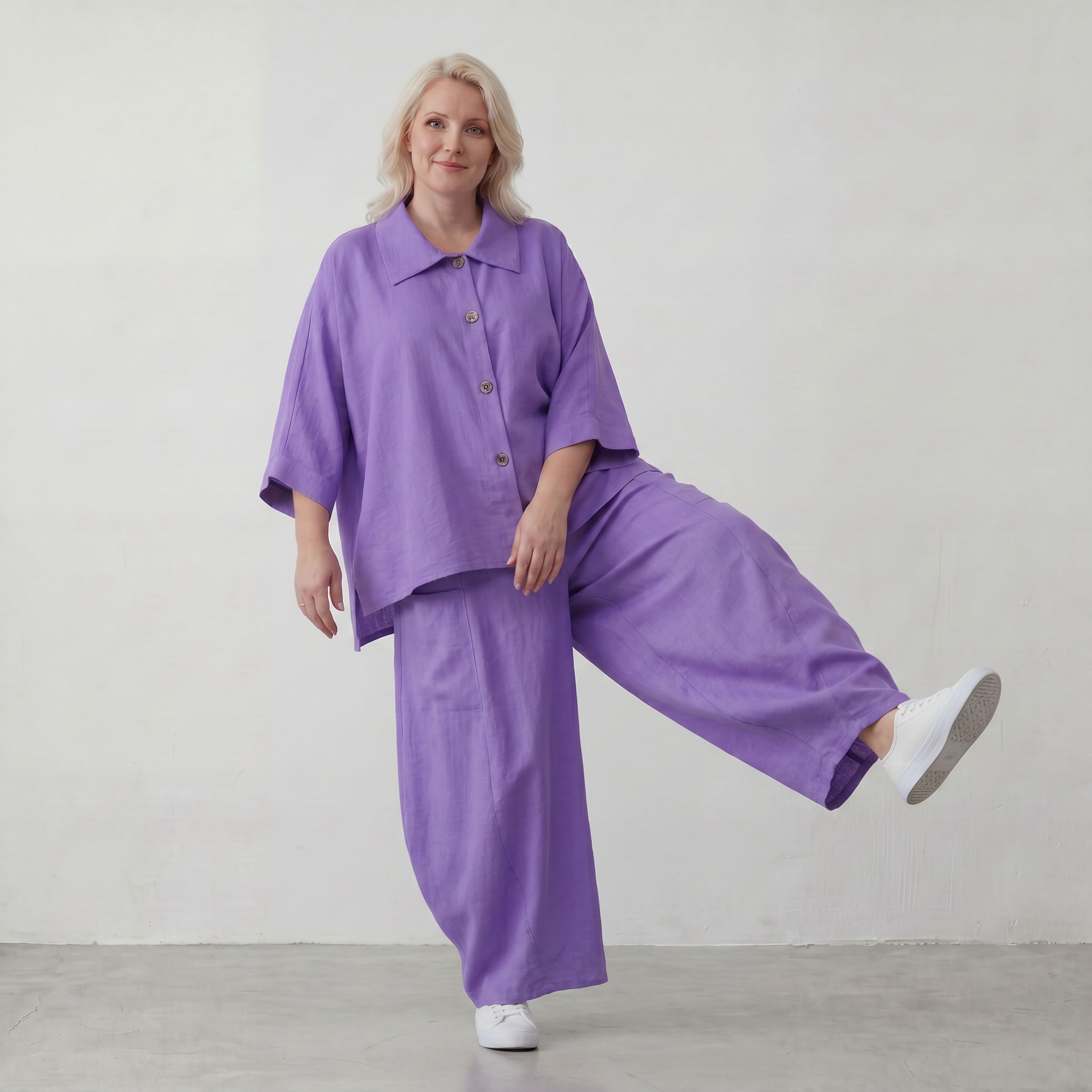 Flieder Ballonhose Leinenmix Oversize Lagenlook leger zeitlos weich fliessend sehr modern