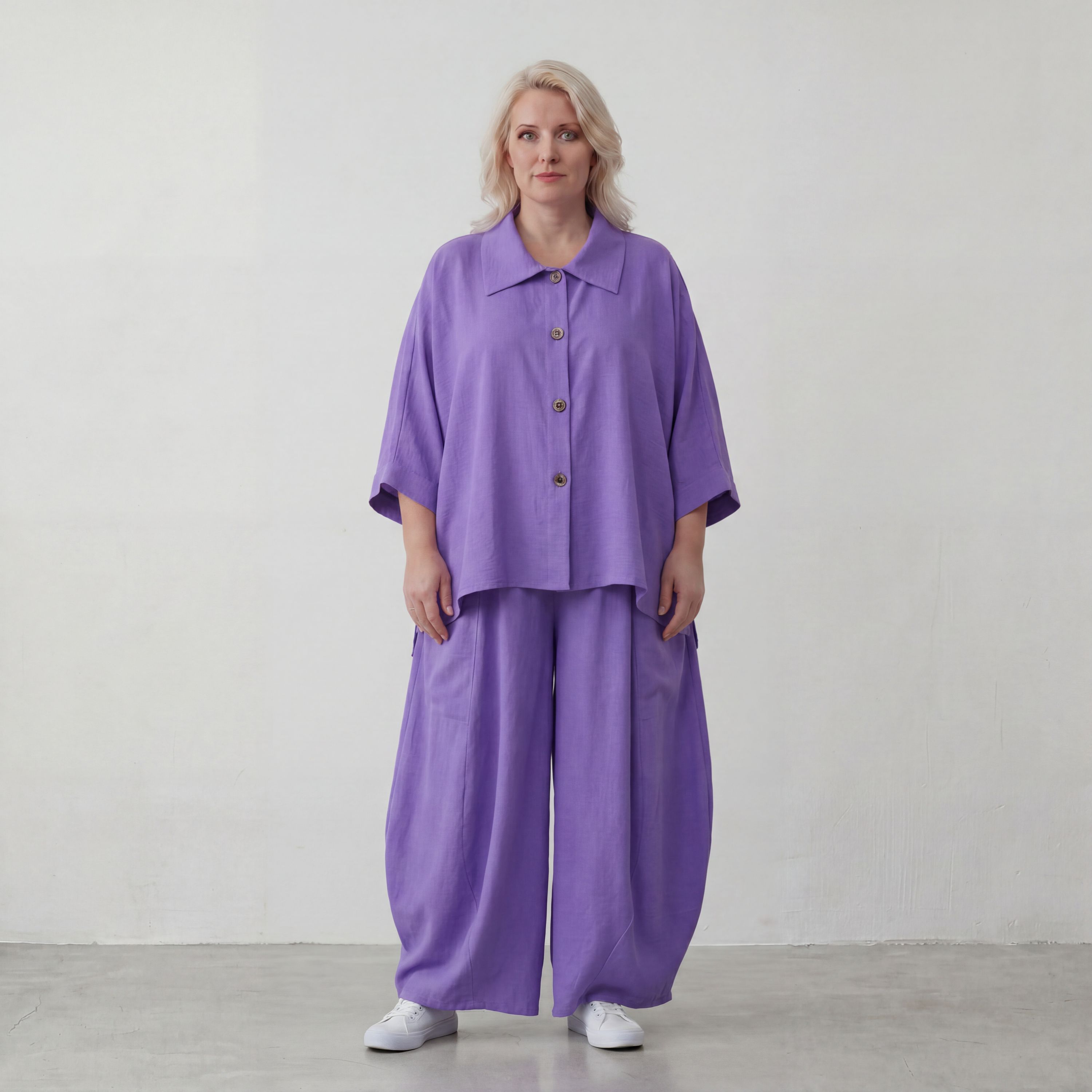 Flieder Oversize Leinenbluse Lagenlook locker zeitlos mit kuehl leichtem Fall soft Griff