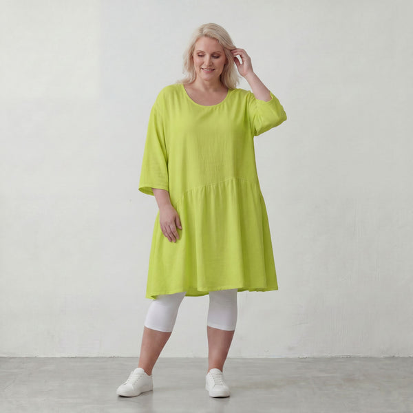 Apfelgrünes luftiges Leinenoptik Sommerkleid im Lagenlook Oversize leger zeitlos A Linie