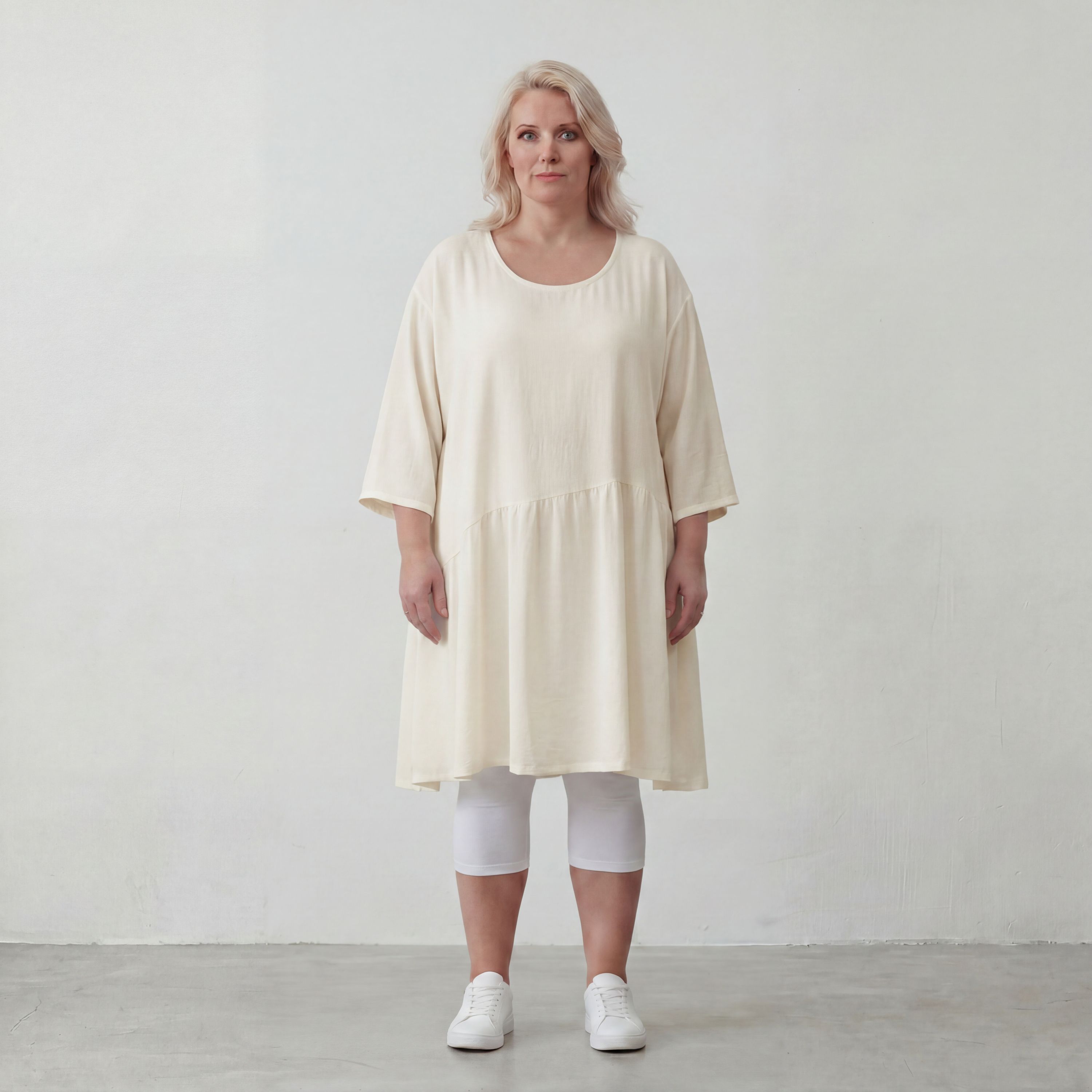 Leinenoptik Kleid in Creme Lagenlook leger Oversize A Linie zeitlos luftig weich elegant