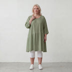 Fliessendes A Linien Kleid in Khaki mit Leinenlook leger Oversize zeitlos luftig Taschen