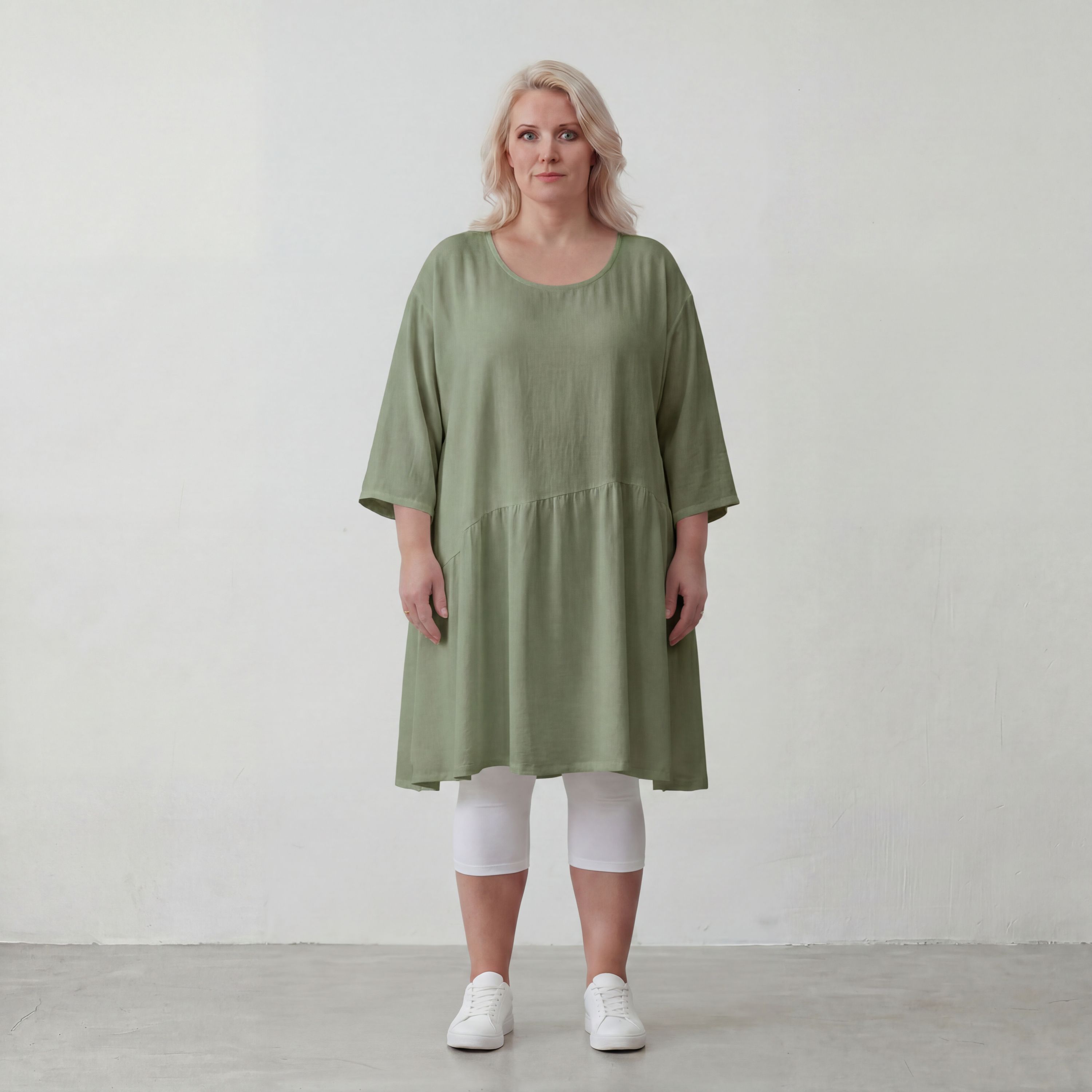 Fliessendes A Linien Kleid in Khaki mit Leinenlook leger Oversize zeitlos luftig Taschen