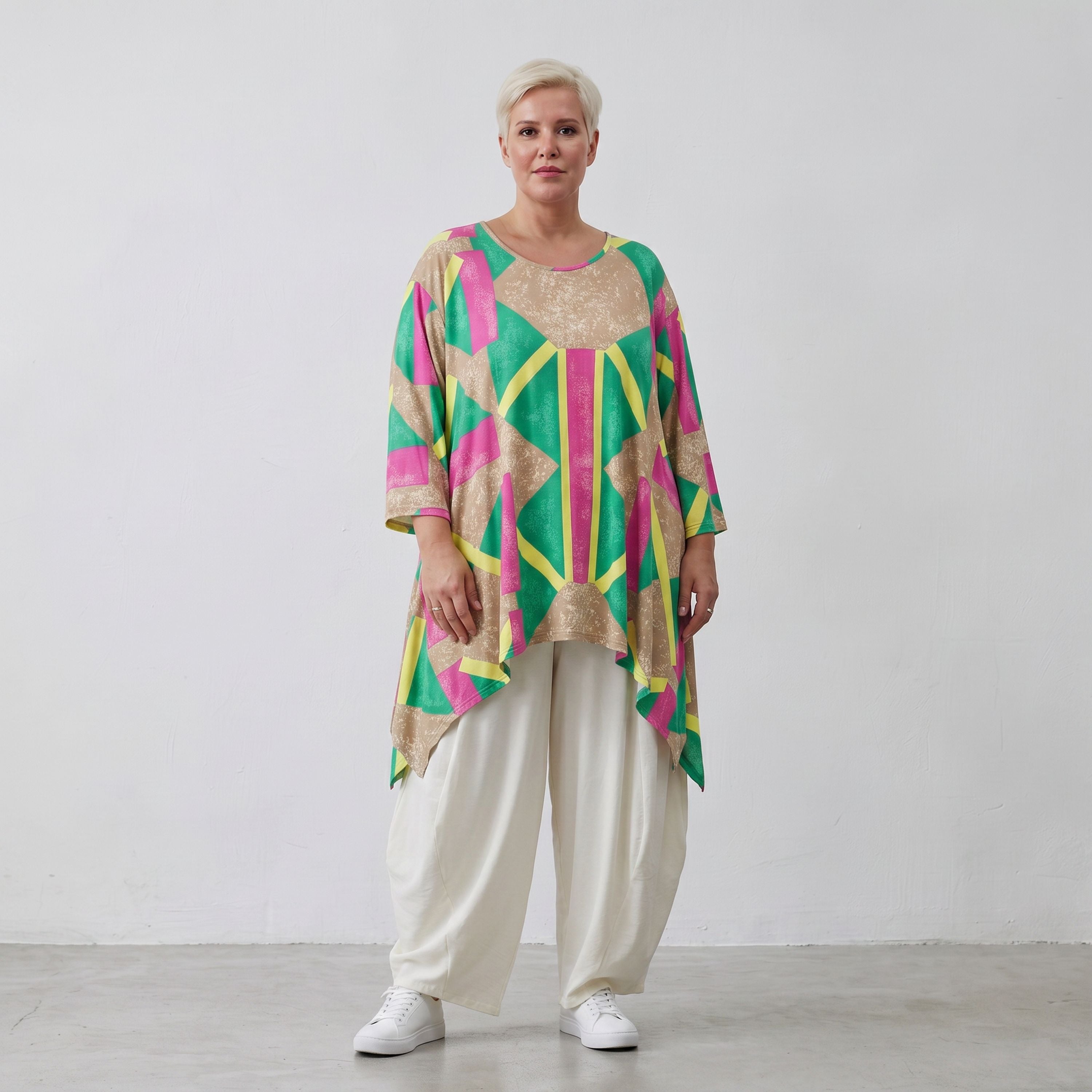 Damen Shirt Lagenlook Viskose Beige/Grün, A-Form, 3/4-Arm, Oversize große Größen – AKH Fashion