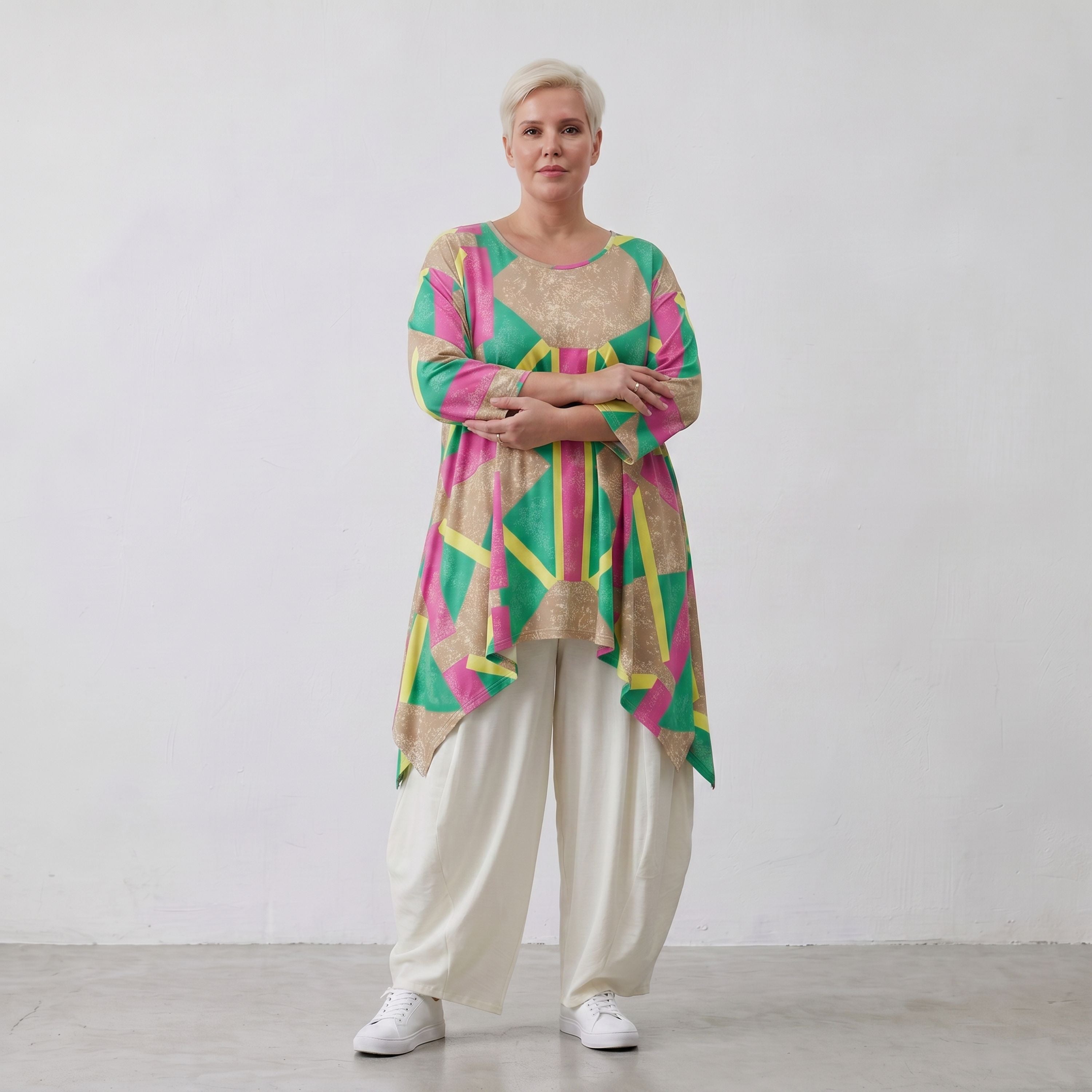 Damen Shirt Lagenlook Viskose Beige/Grün, A-Form, 3/4-Arm, Oversize große Größen – AKH Fashion