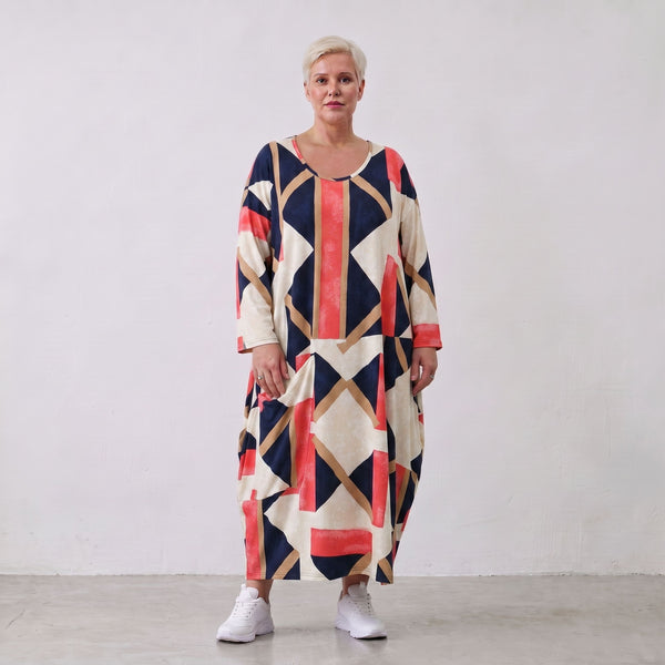 Ballonkleid aus Viskose Jersey in Marine und Rot mit 3/4-Arm Rundhals und Seitentaschen