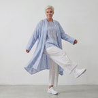 Leichter Oversize Cardigan in Jeansblau/Weiß für Lagenlook mit sehr fließender Silhouette