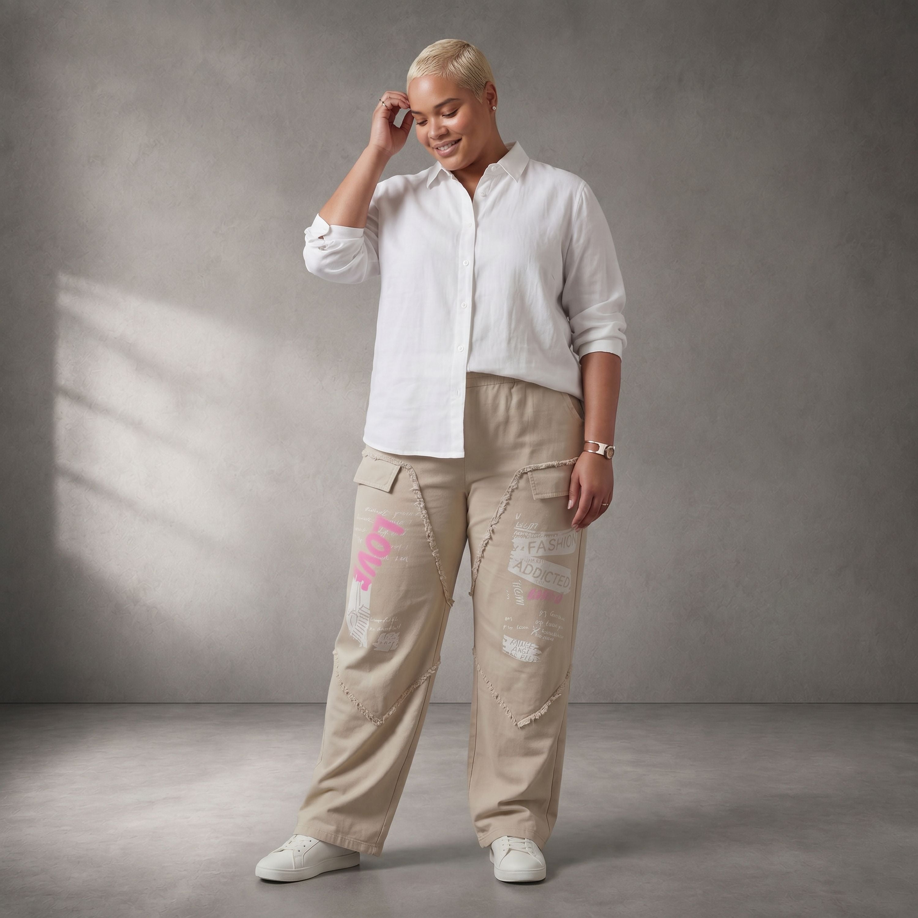 Damen Hose Lagenlook Baumwolle Beige, Fransen, Oversize große Größen – Funky Diva