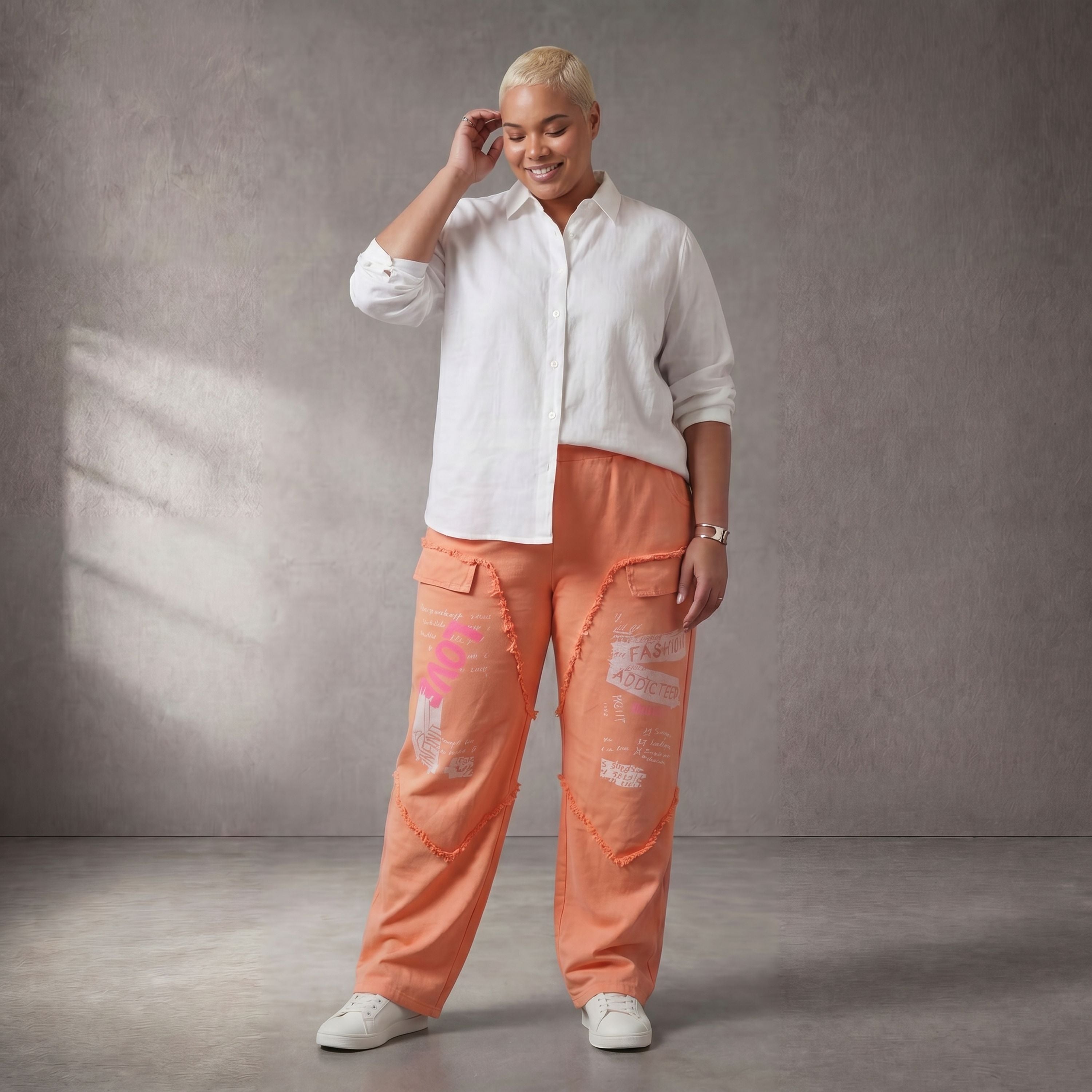 Damen Hose Lagenlook Baumwolle Orange, gerader Schnitt, Fransen, Oversize große Größen – Funky Diva
