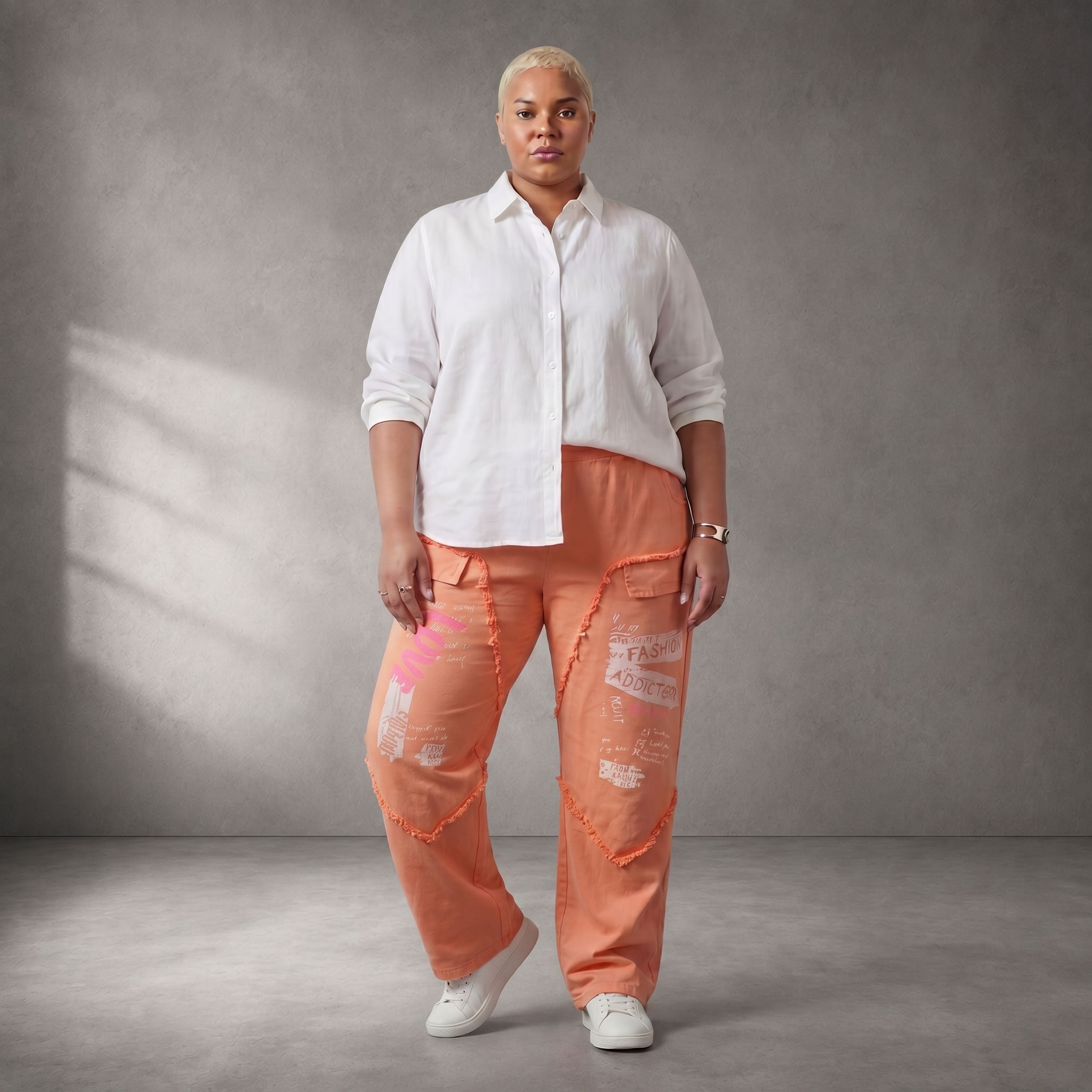 Damen Hose Lagenlook Baumwolle Orange, gerader Schnitt, Fransen, Oversize große Größen – Funky Diva
