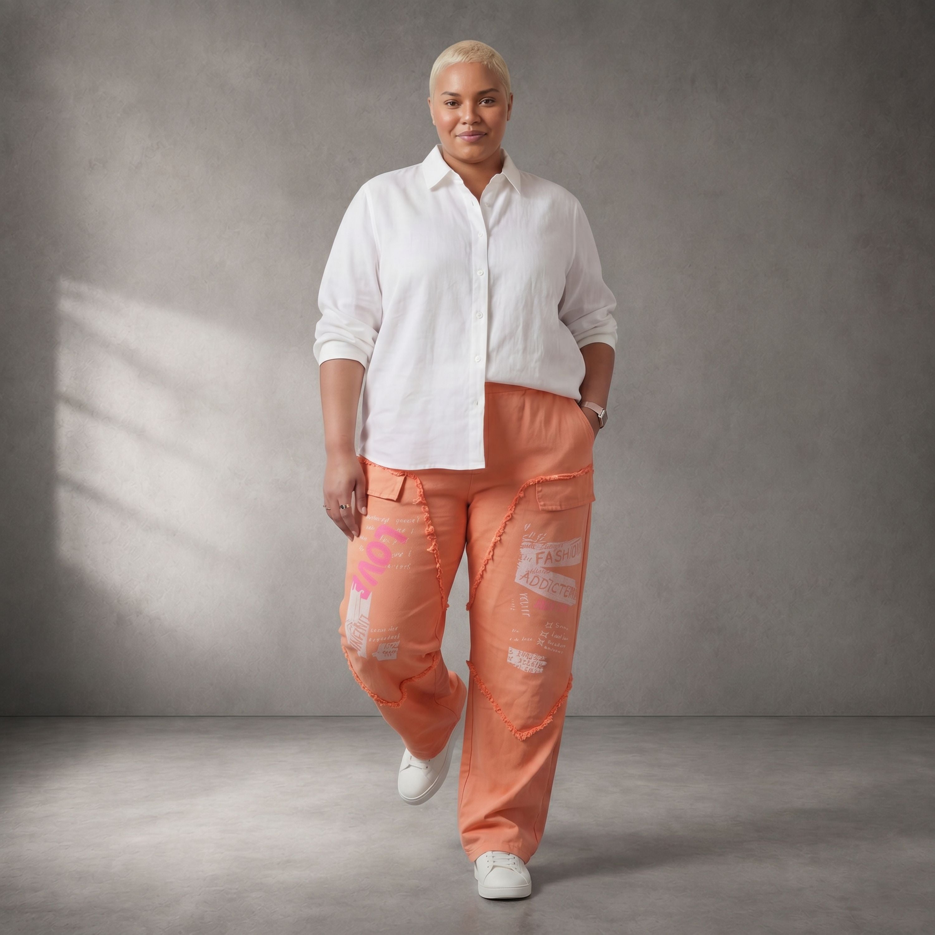Damen Hose Lagenlook Baumwolle Orange, gerader Schnitt, Fransen, Oversize große Größen – Funky Diva
