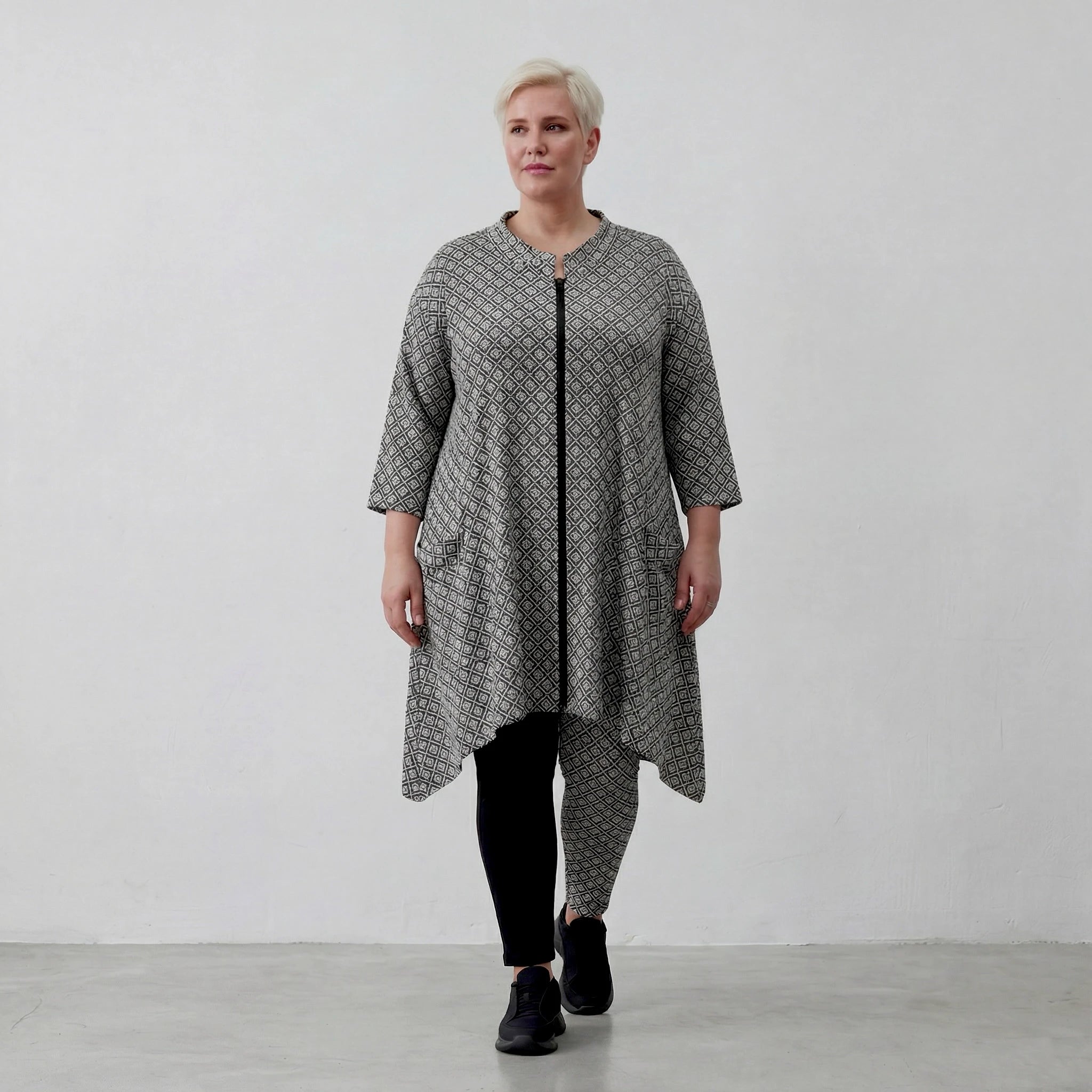 Damen Jacke Lagenlook Polyester Schwarz/Weiß, A-Form, Rautendruck, Stehkragen, Oversize große Größen – AKH Fashion