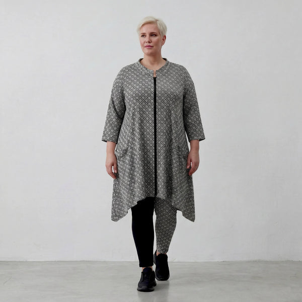 Damen Jacke Lagenlook Polyester Schwarz/Weiß, A-Form, Rautendruck, Stehkragen, Oversize große Größen – AKH Fashion