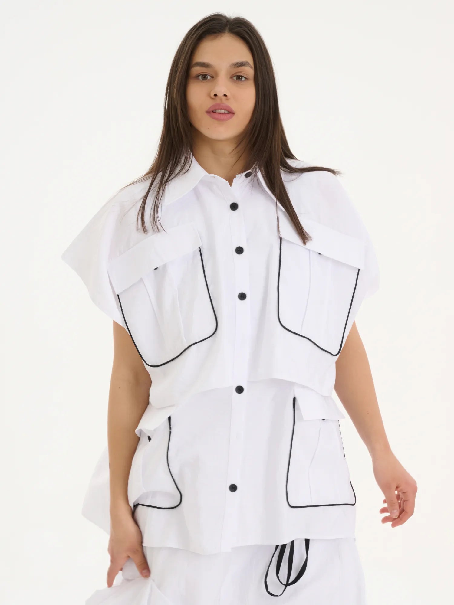  A-Form Bluse von Les Mios aus Baumwolle, 7027, Weiß/Schwarz, Schick, Modern, Bequem